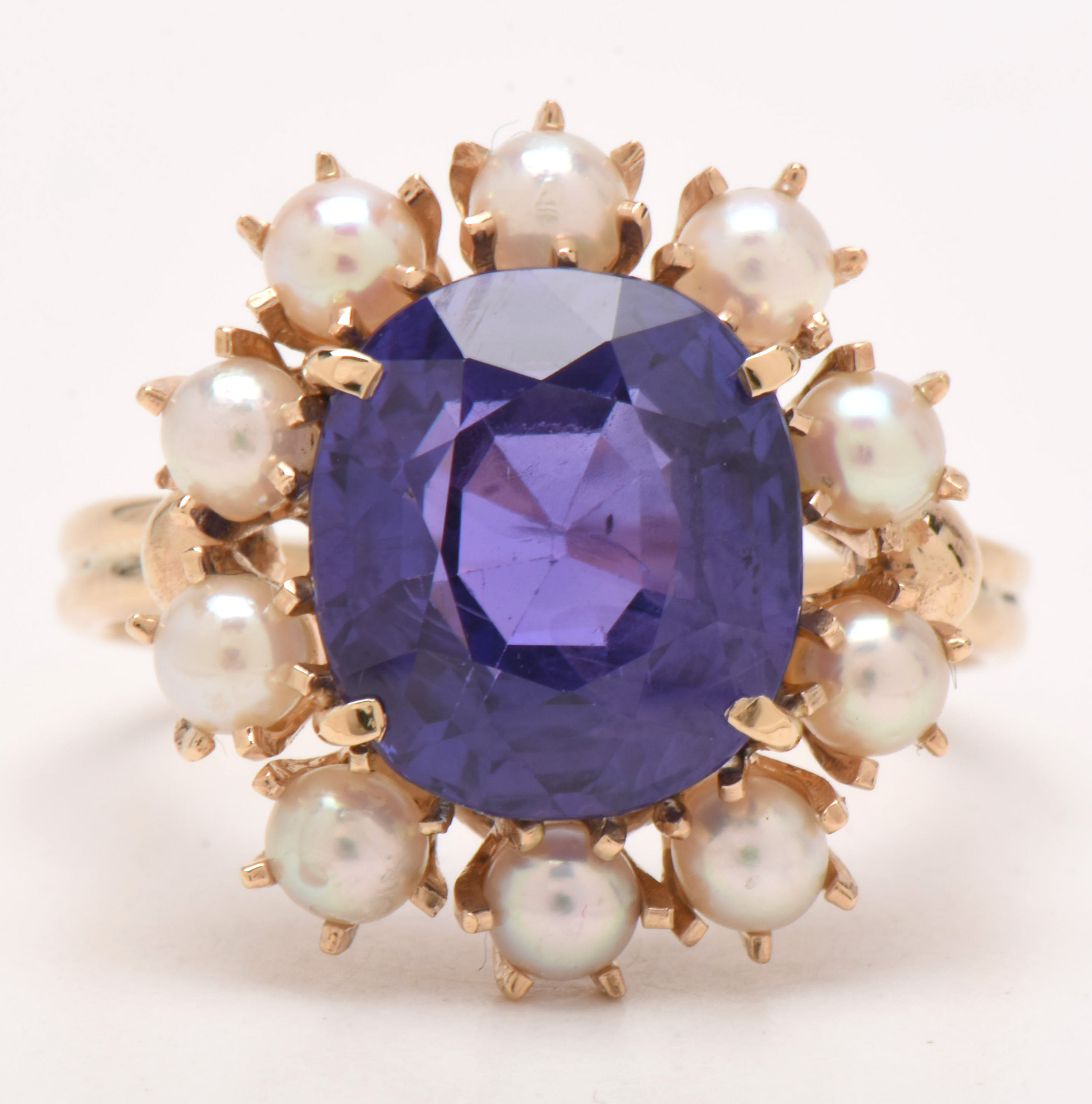 Victorian 14K Yellow Gold Natural Ceylon Color-Change Sapphire and Pearl Ring