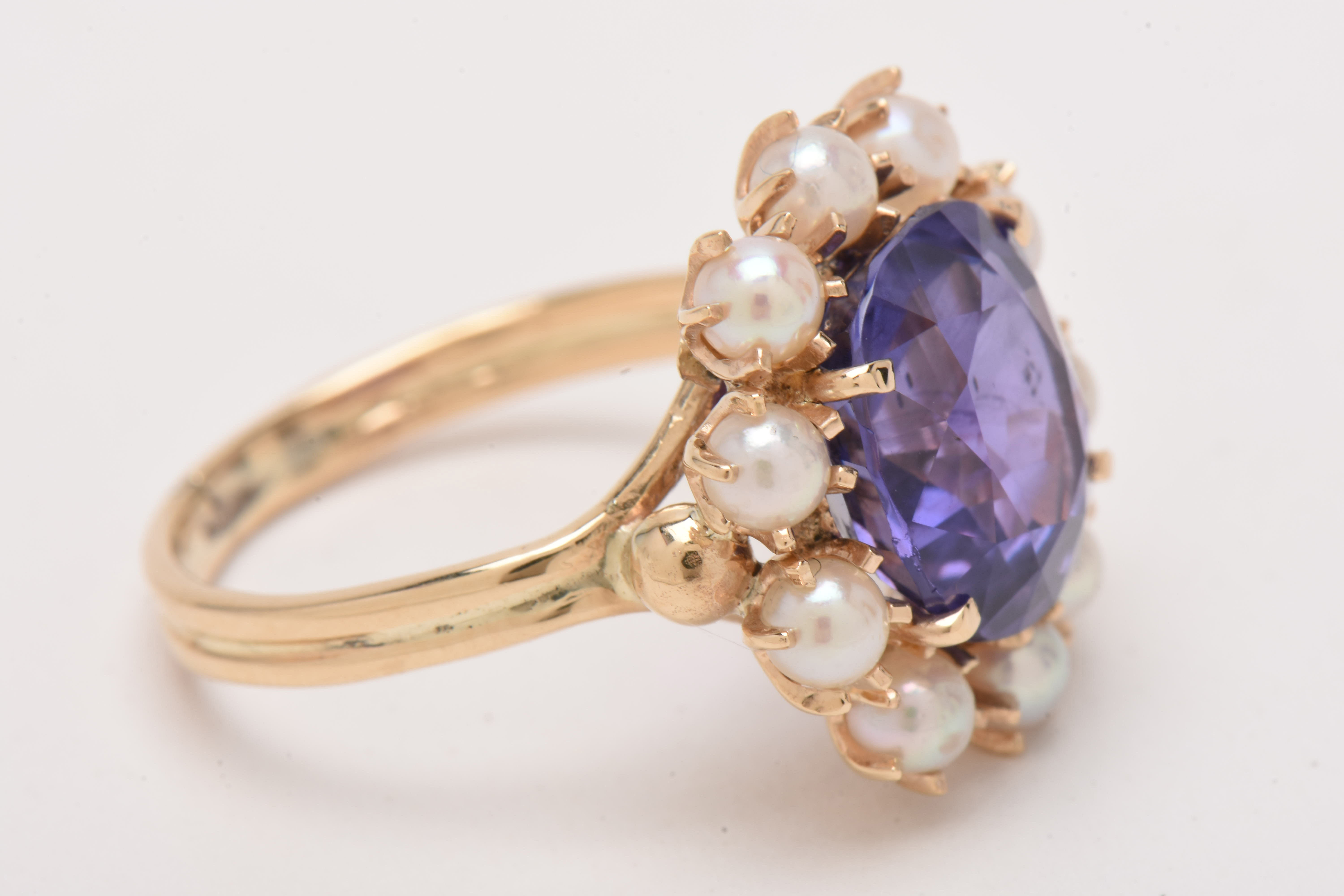 Victorian 14K Yellow Gold Natural Ceylon Color-Change Sapphire and Pearl Ring