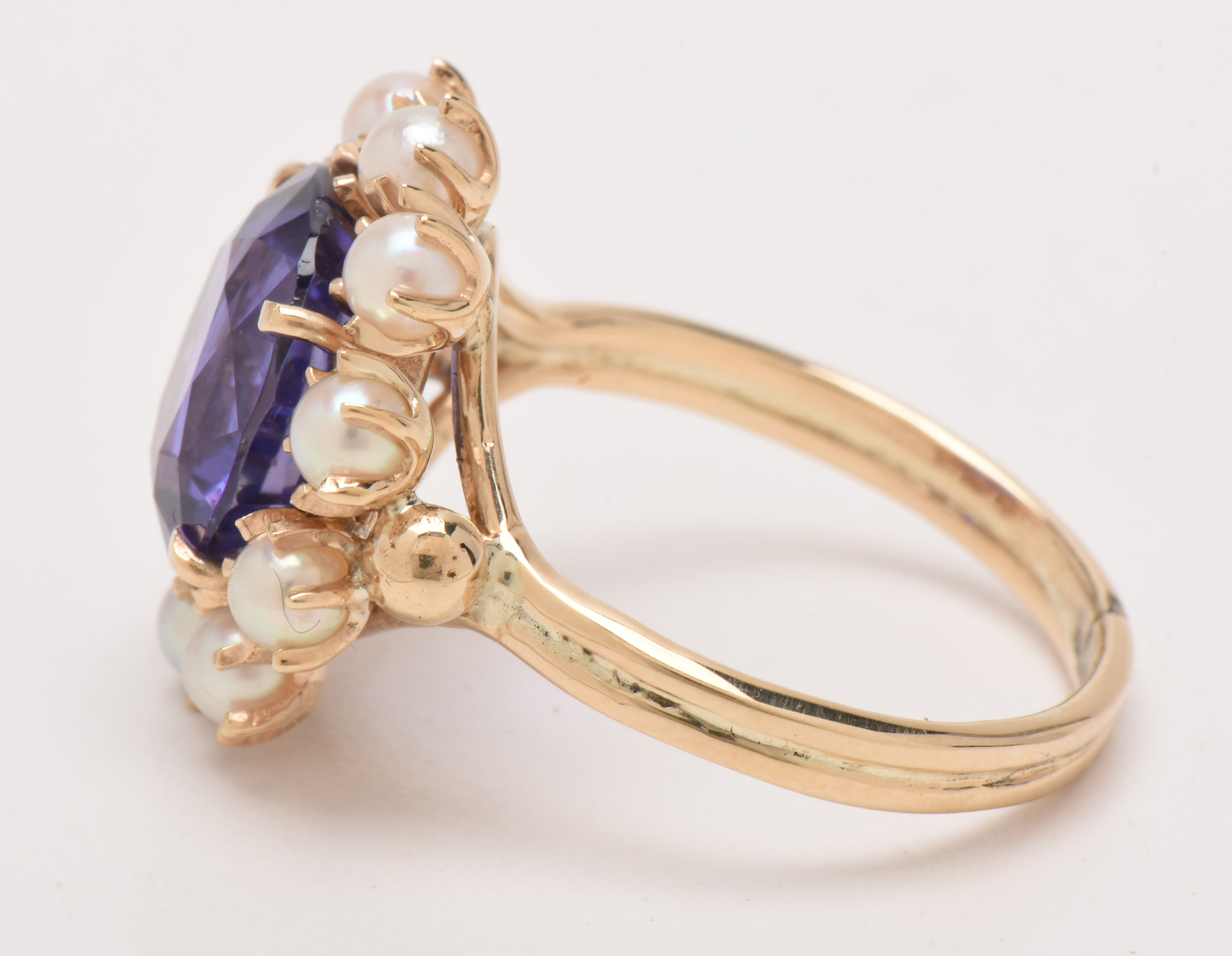 Victorian 14K Yellow Gold Natural Ceylon Color-Change Sapphire and Pearl Ring