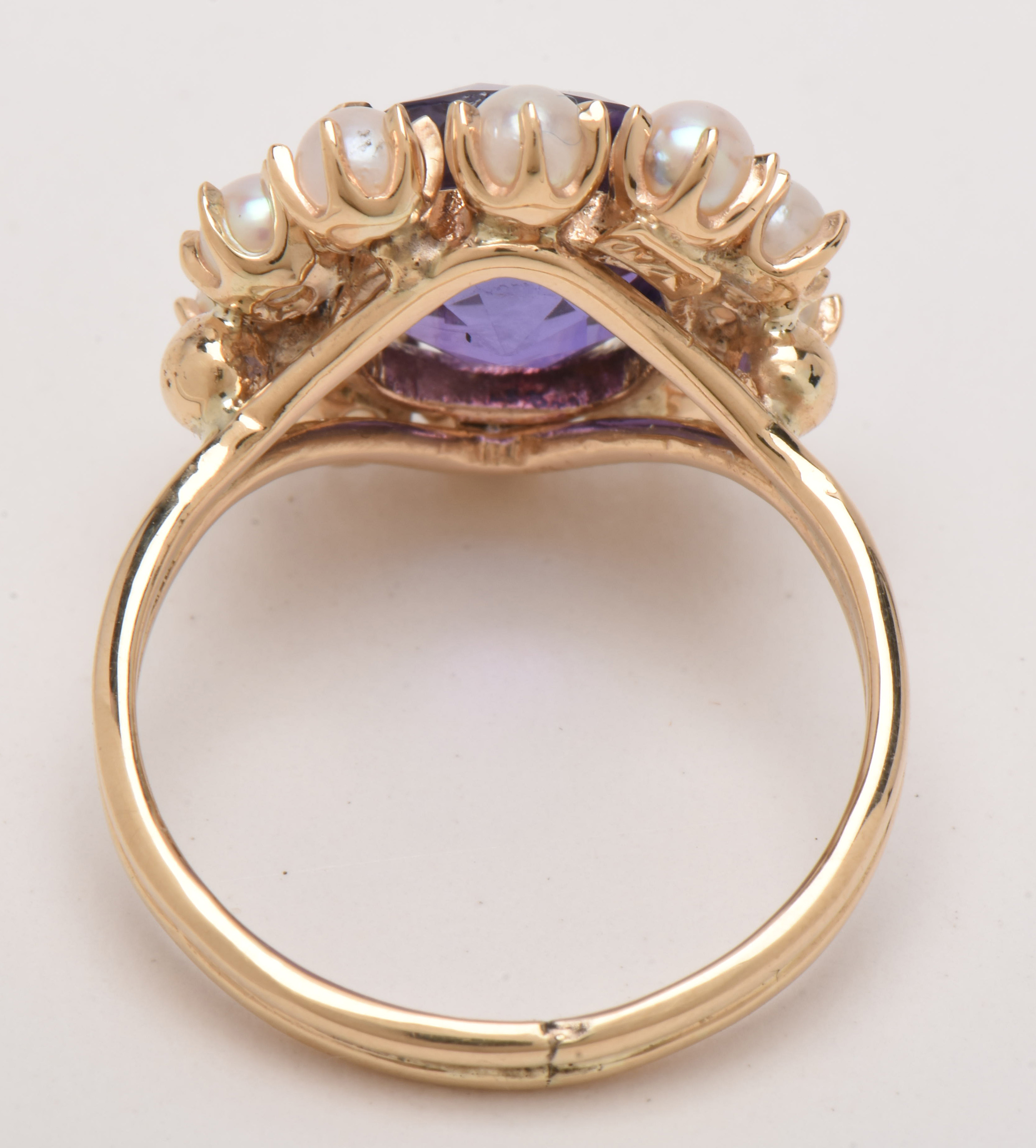 Victorian 14K Yellow Gold Natural Ceylon Color-Change Sapphire and Pearl Ring
