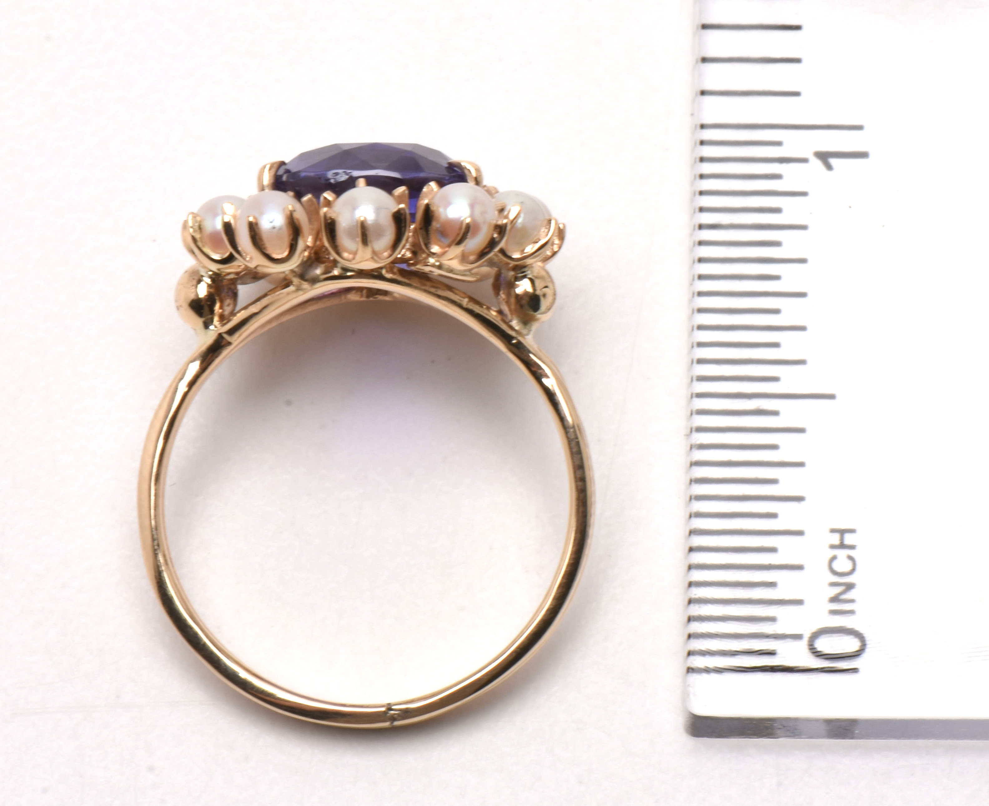 Victorian 14K Yellow Gold Natural Ceylon Color-Change Sapphire and Pearl Ring