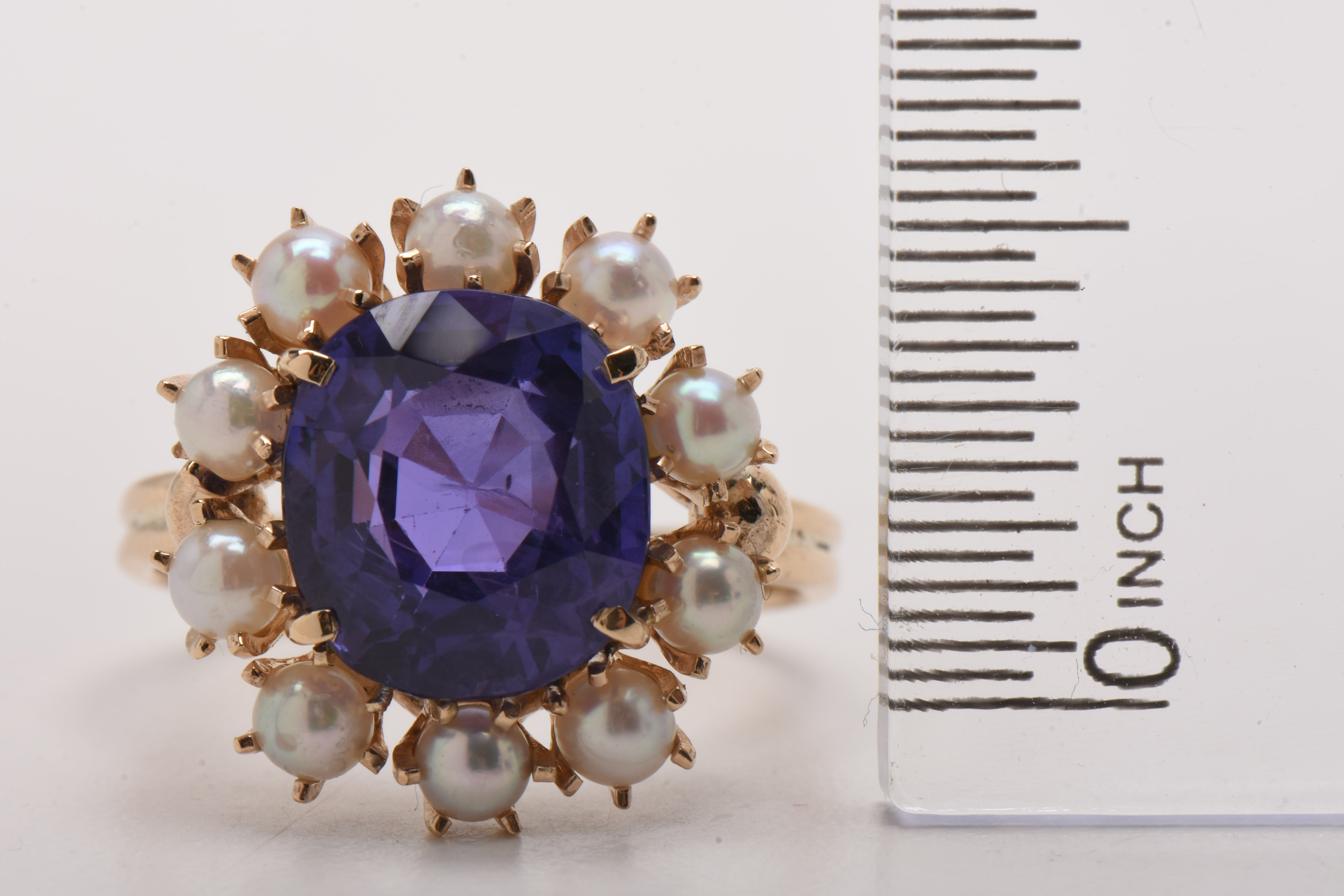 Victorian 14K Yellow Gold Natural Ceylon Color-Change Sapphire and Pearl Ring