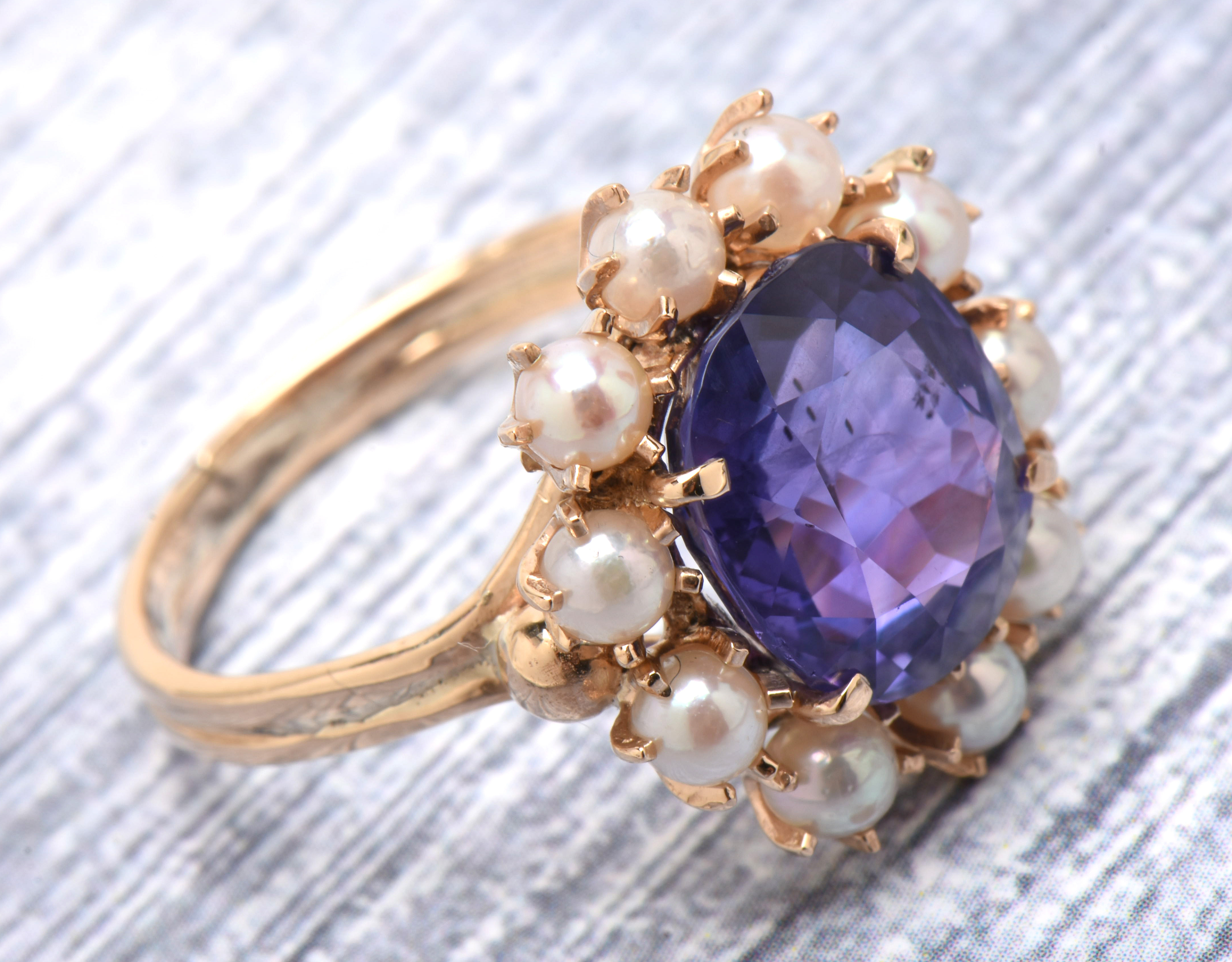 Victorian 14K Yellow Gold Natural Ceylon Color-Change Sapphire and Pearl Ring