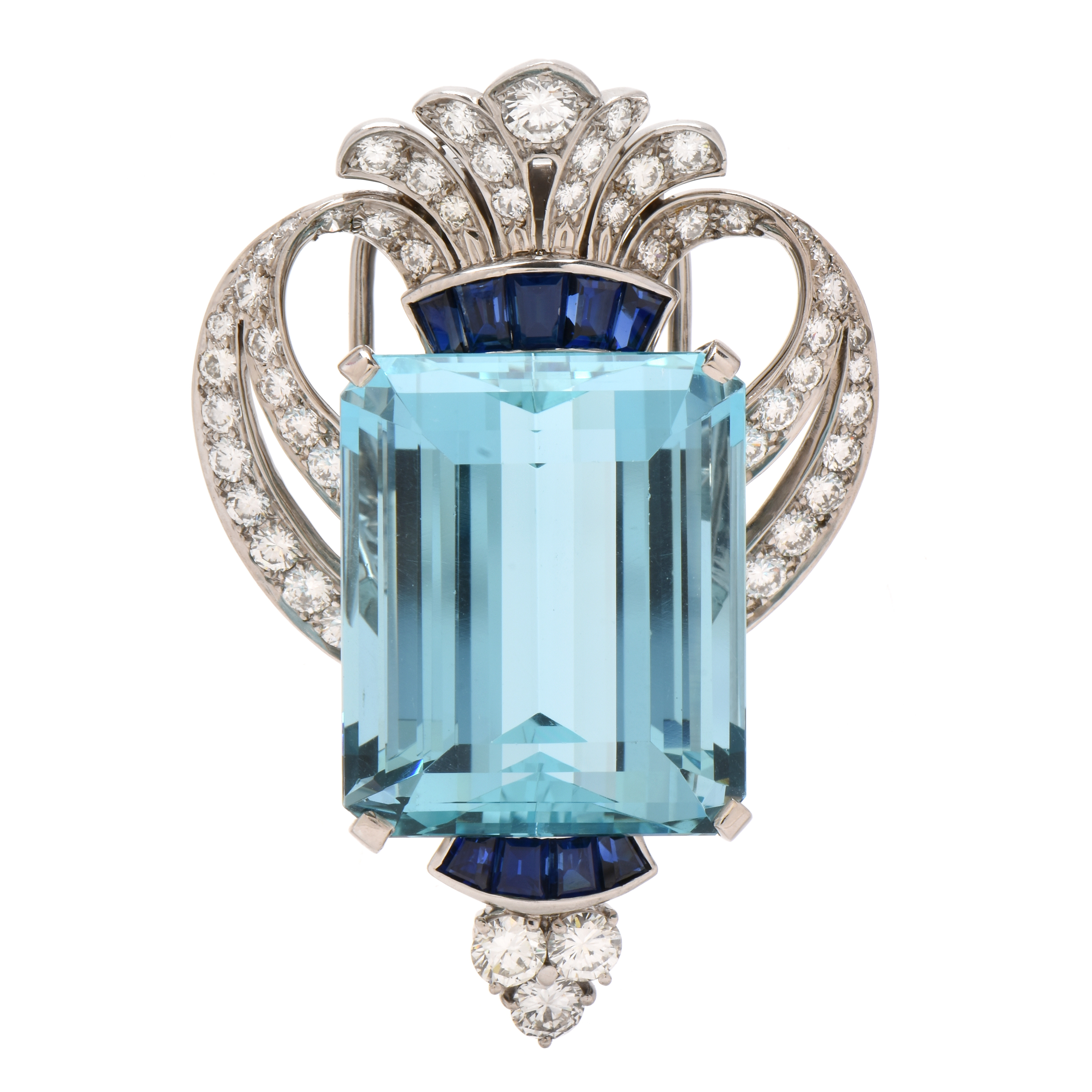 Tiffany & Co. Palladium 44.02 CT Aquamarine Brooch with Diamonds and Sapphires