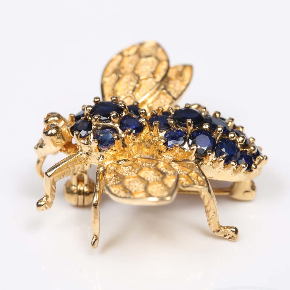 14K Yellow Gold and 2.55 CTW Sapphire Bee Brooch