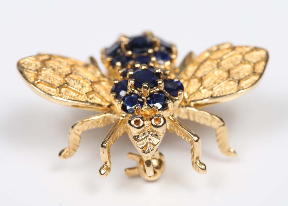 14K Yellow Gold and 2.55 CTW Sapphire Bee Brooch