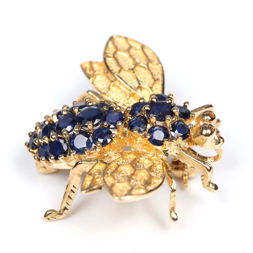 14K Yellow Gold and 2.55 CTW Sapphire Bee Brooch