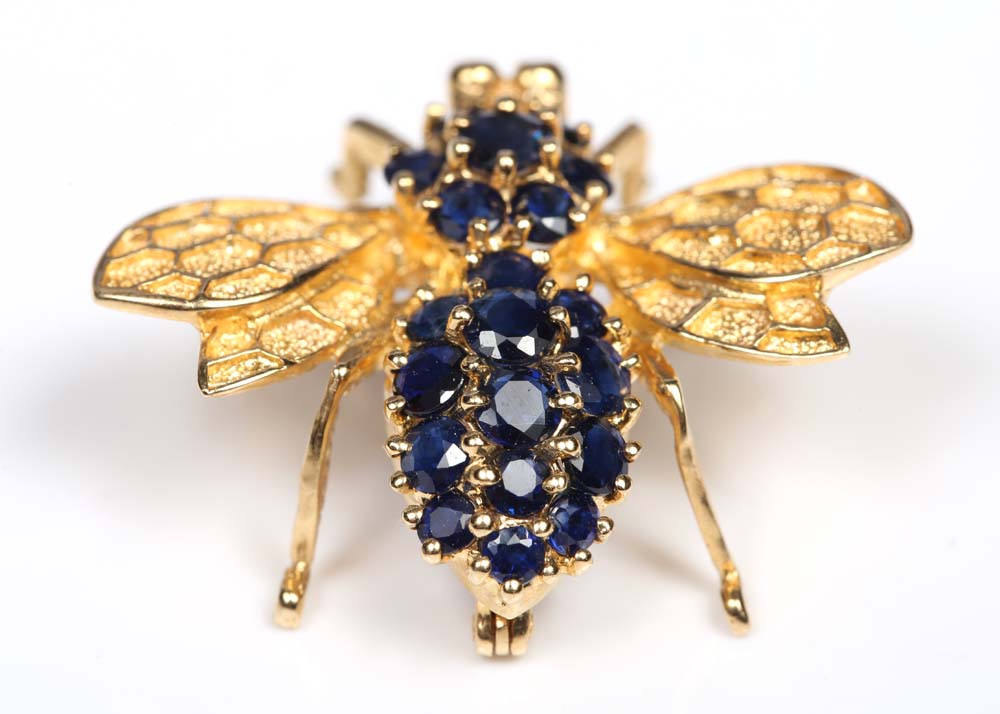 14K Yellow Gold and 2.55 CTW Sapphire Bee Brooch