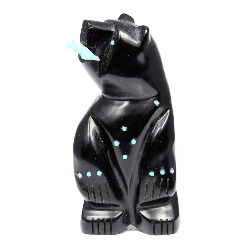 Standing Carved Marble and Turquoise Fetish Bear