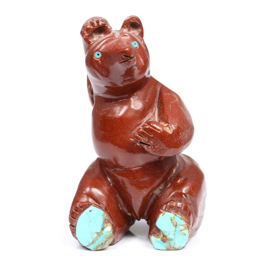 Pipestone and Turquoise Carved Sitting Bear Fetish Carving