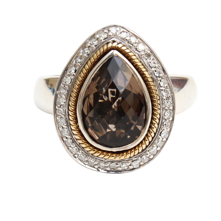 Effy Sterling Silver and 18K Yellow Gold Citrine and Diamond Ring