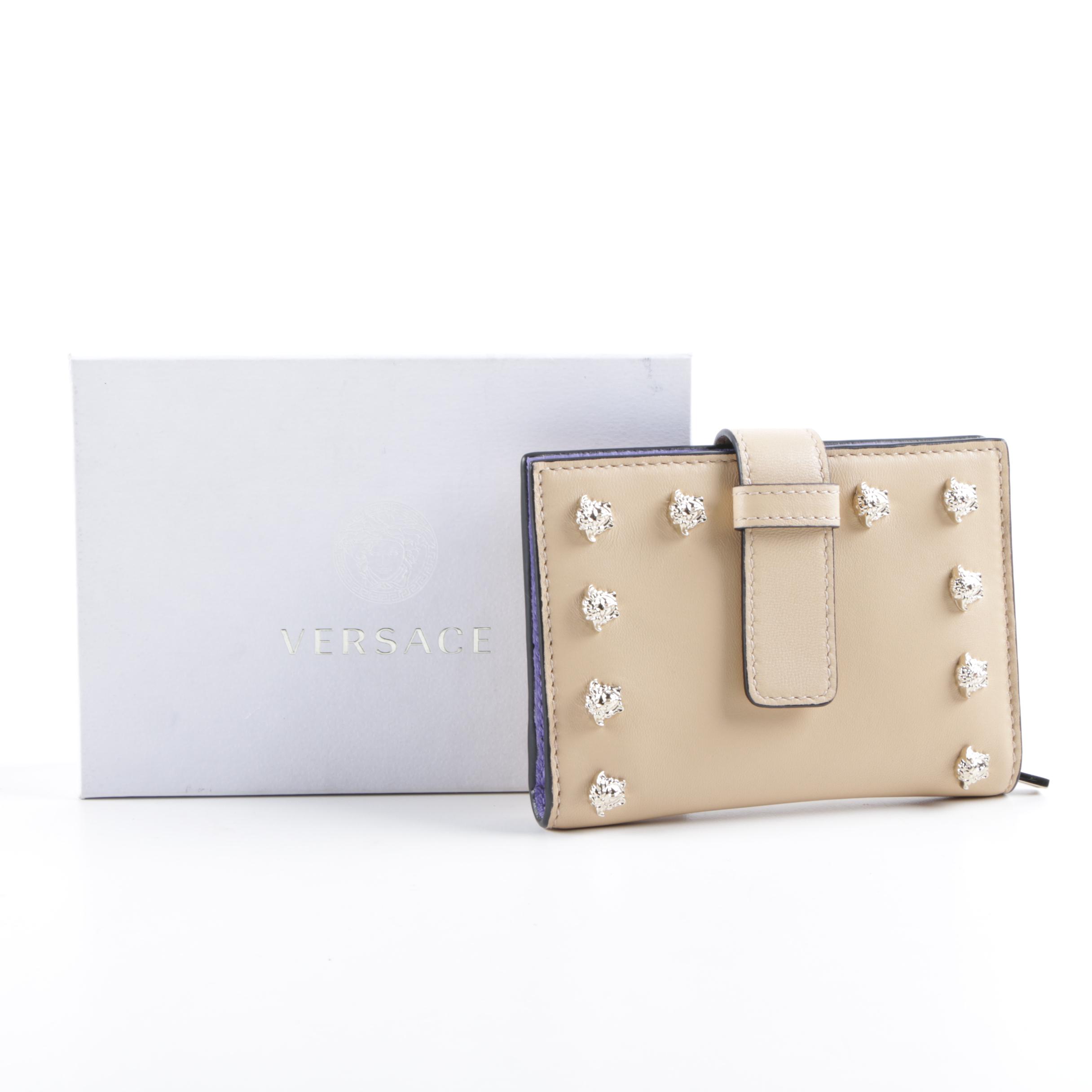 Versace Medusa Beige and Lilac Purple Leather Wallet