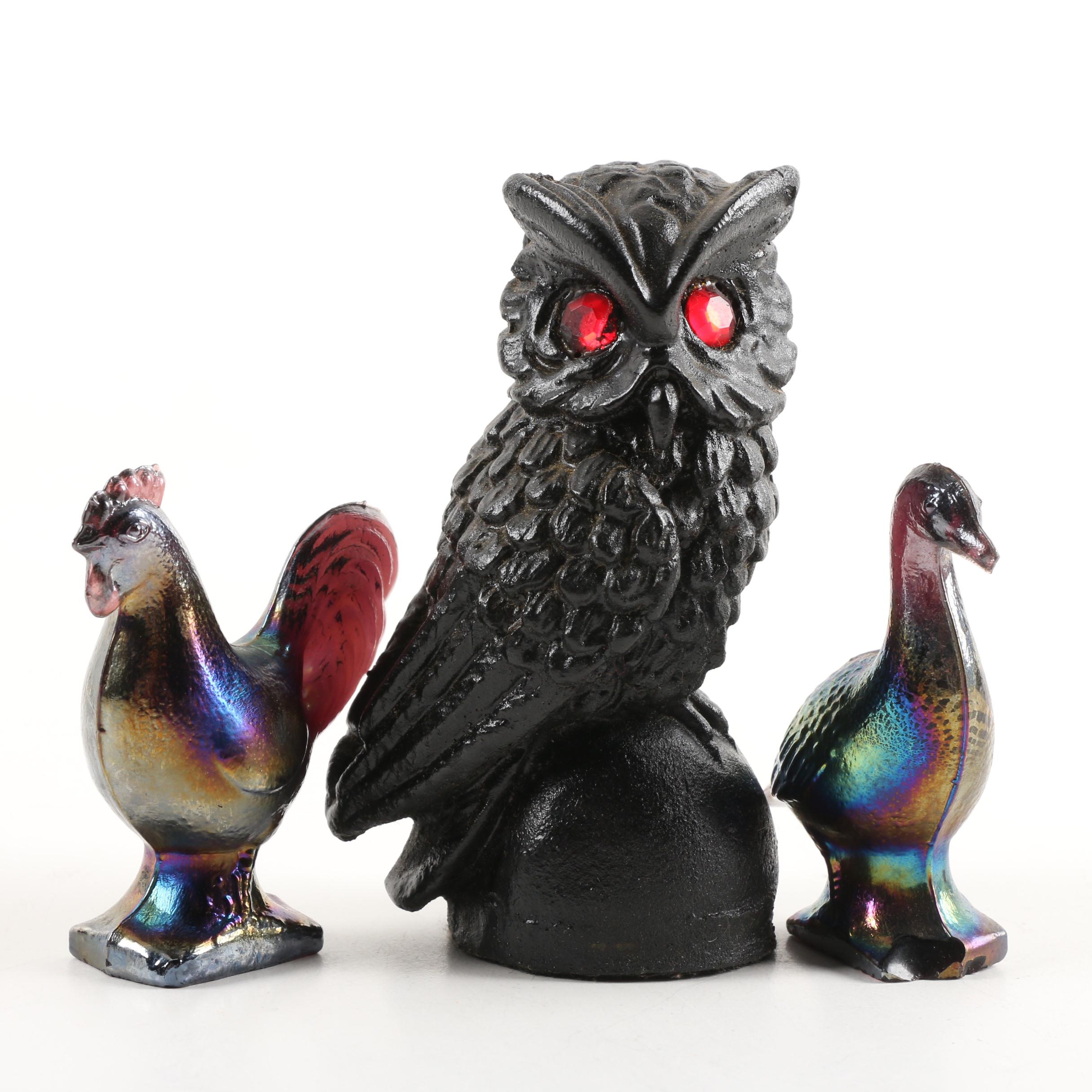 Handcrafted Coal Owl and Metal Bird Figurines