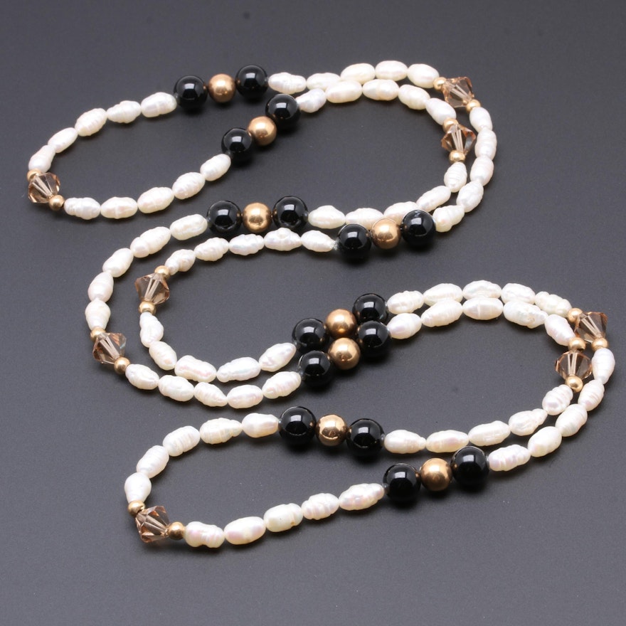14K Yellow Gold Cultured Pearl, Black Onyx and Glass Bead Necklace