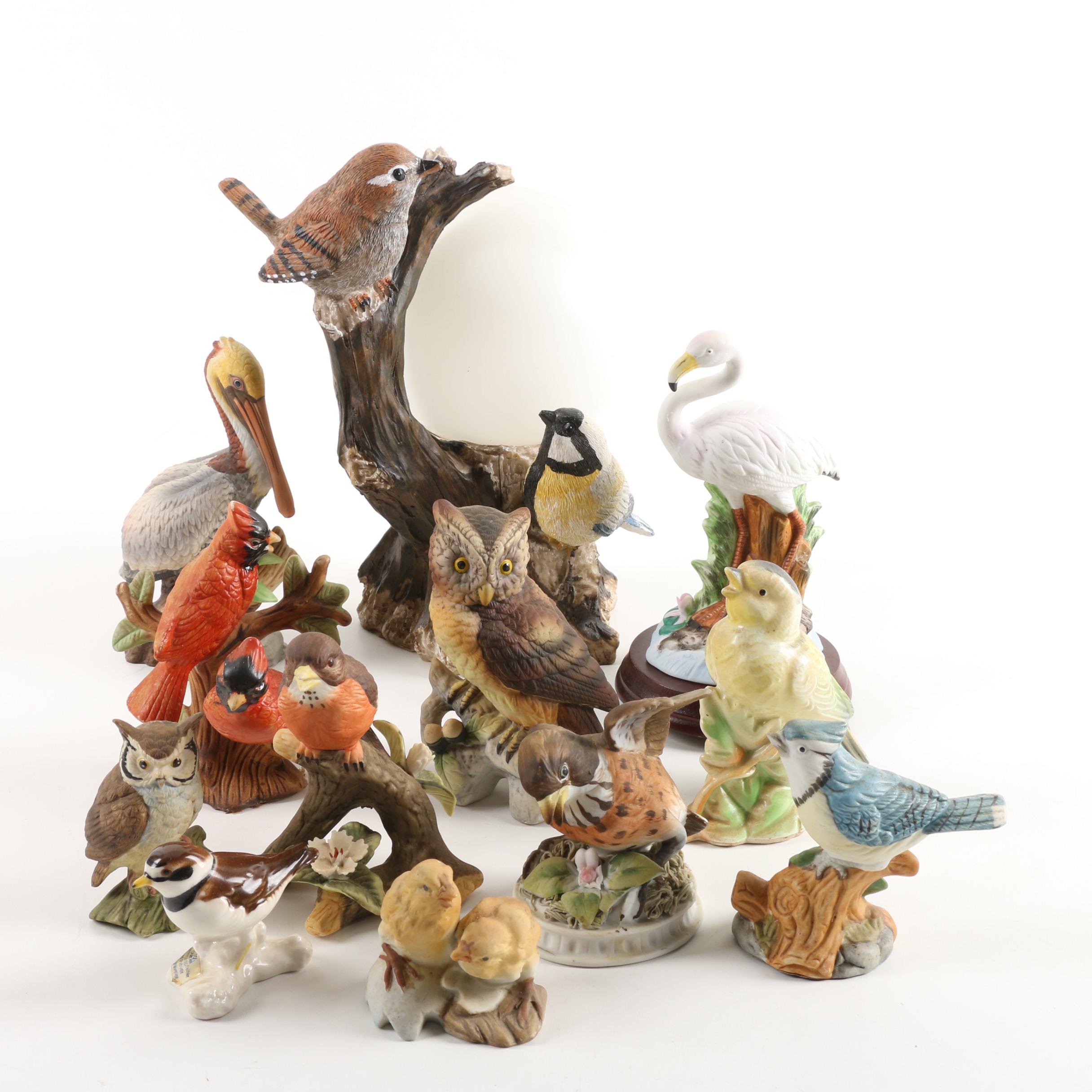 Ceramic and Resin Bird Figurines With Lamp