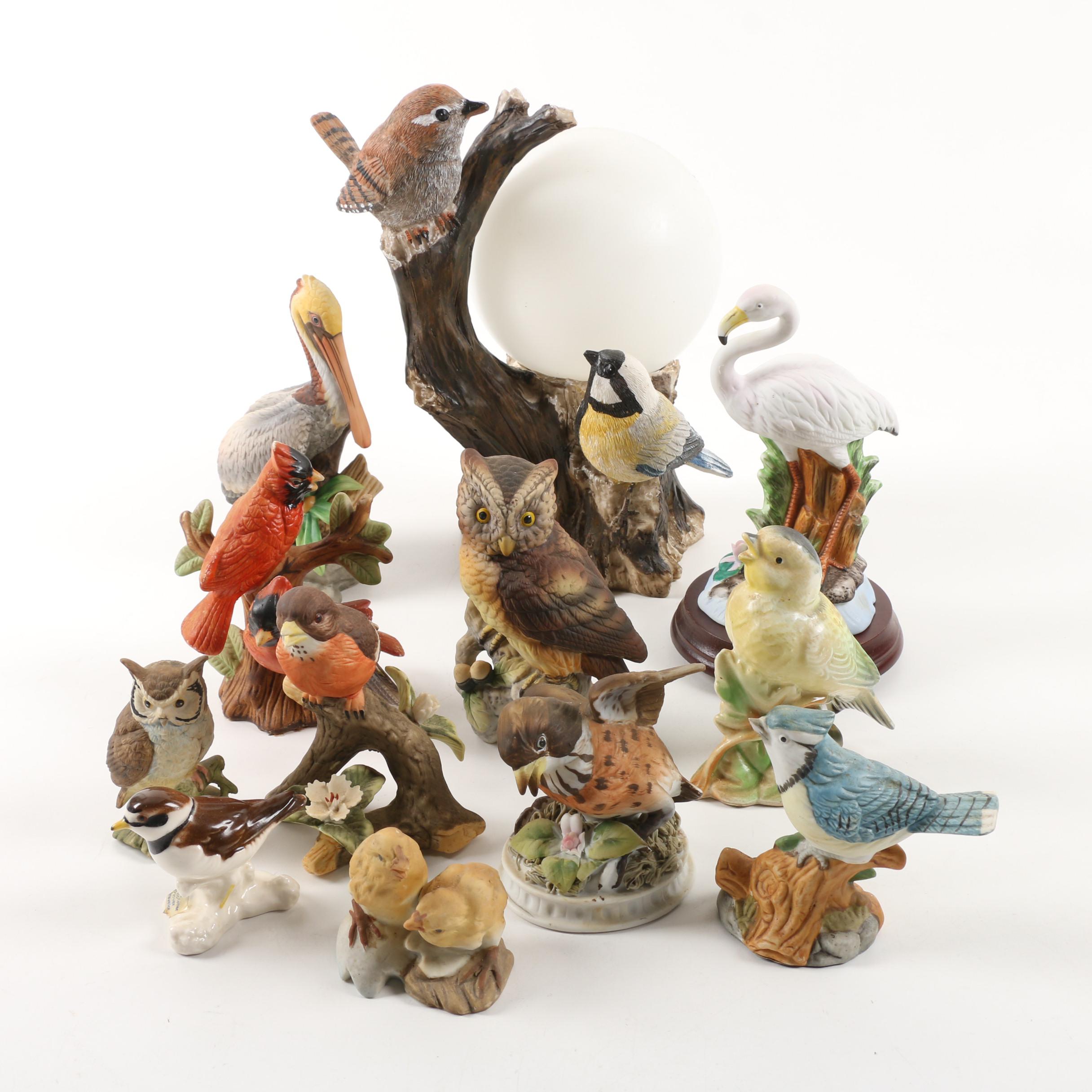Ceramic and Resin Bird Figurines With Lamp