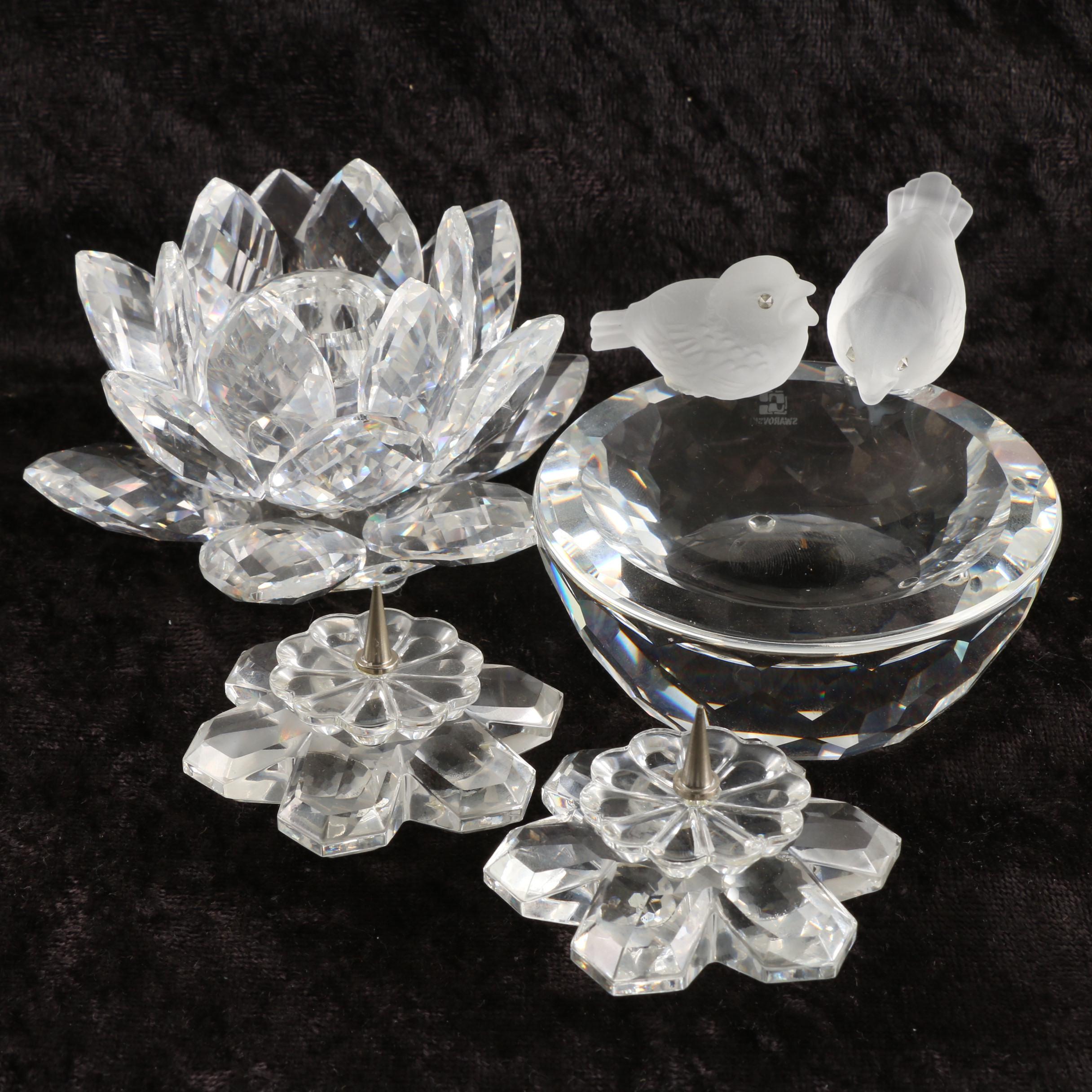 Swarovski Crystal Bird Bath Figurine and Crystal Candleholders