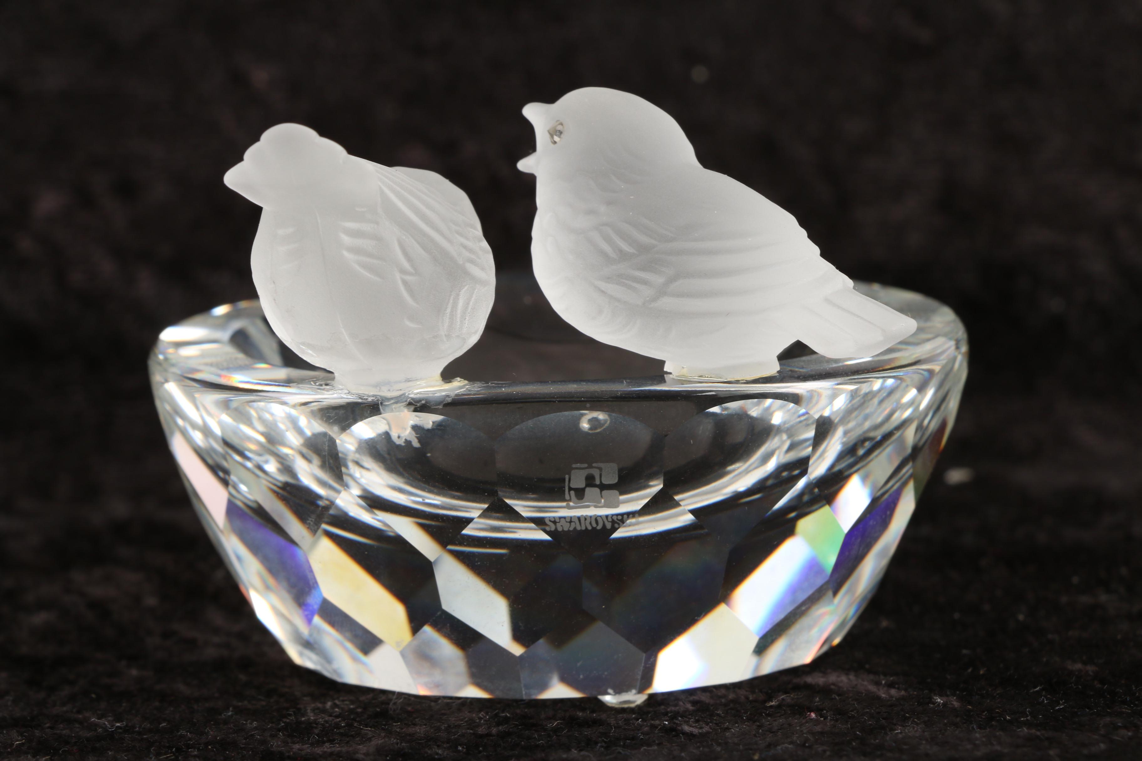 Swarovski Crystal Bird Bath Figurine and Crystal Candleholders