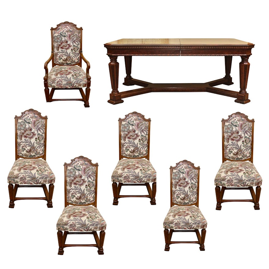 Early 20th Century English Jacobean Revival Walnut Dining Table and Six Chairs