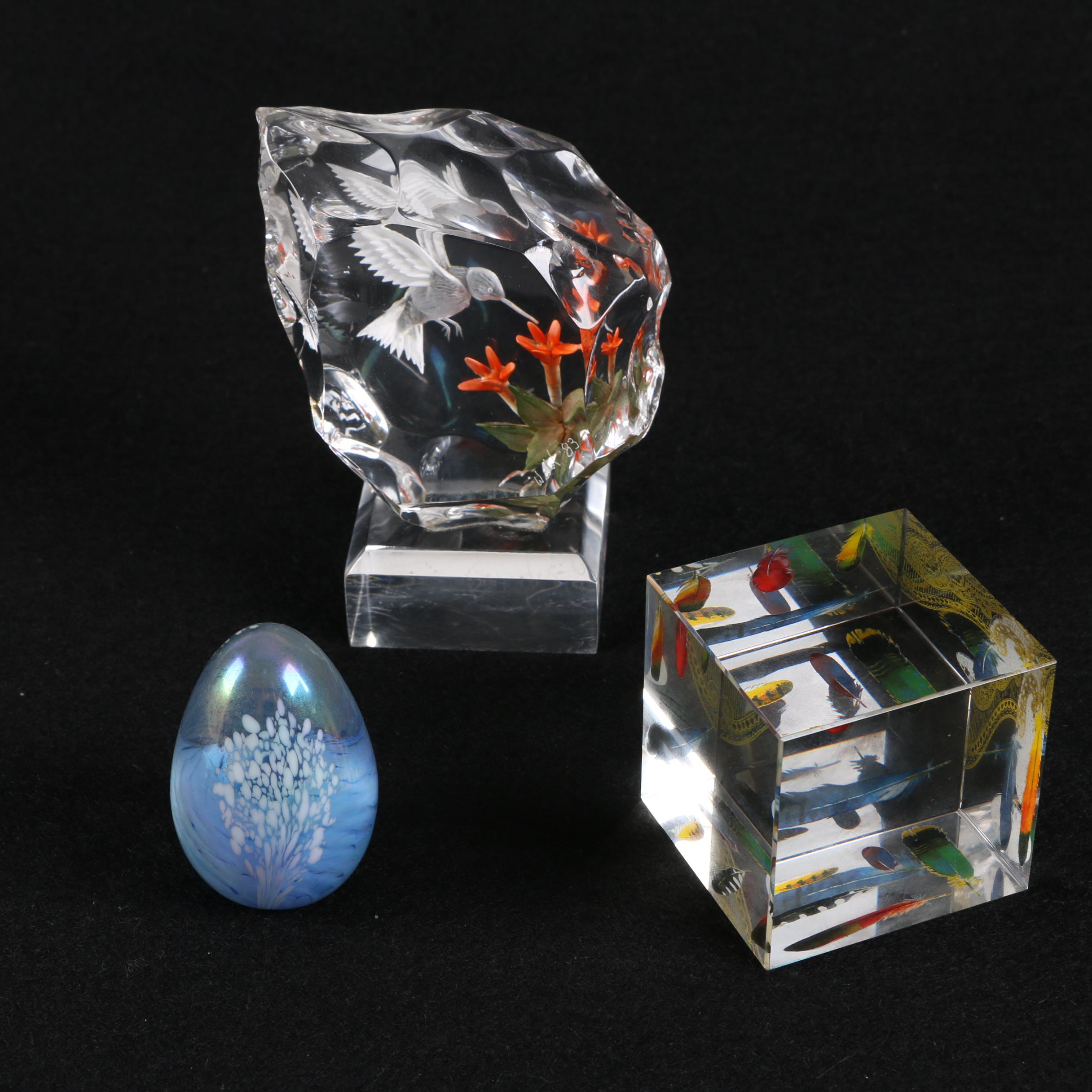 Signed Wald Glass Figurine and Two Art Glass Paperweights