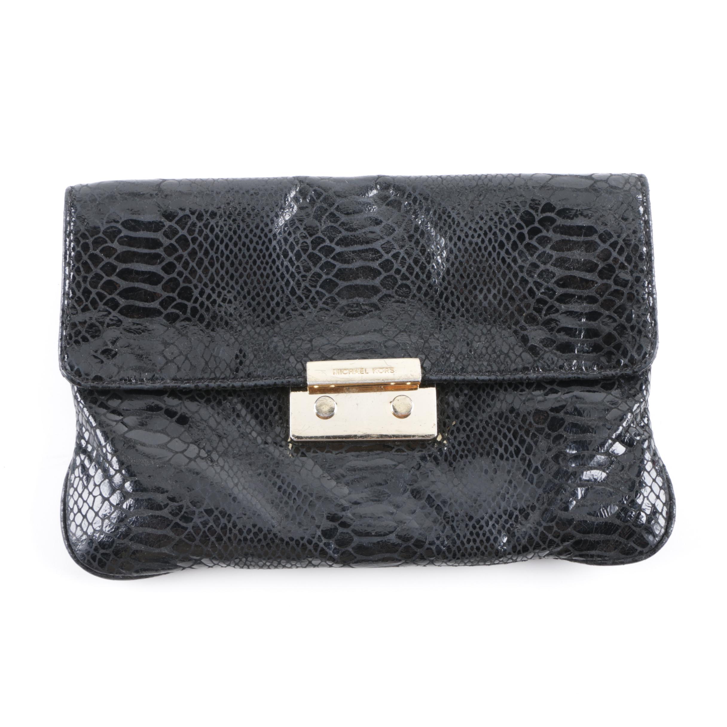 Michael Kors Snakeskin Embossed Black Leather Clutch