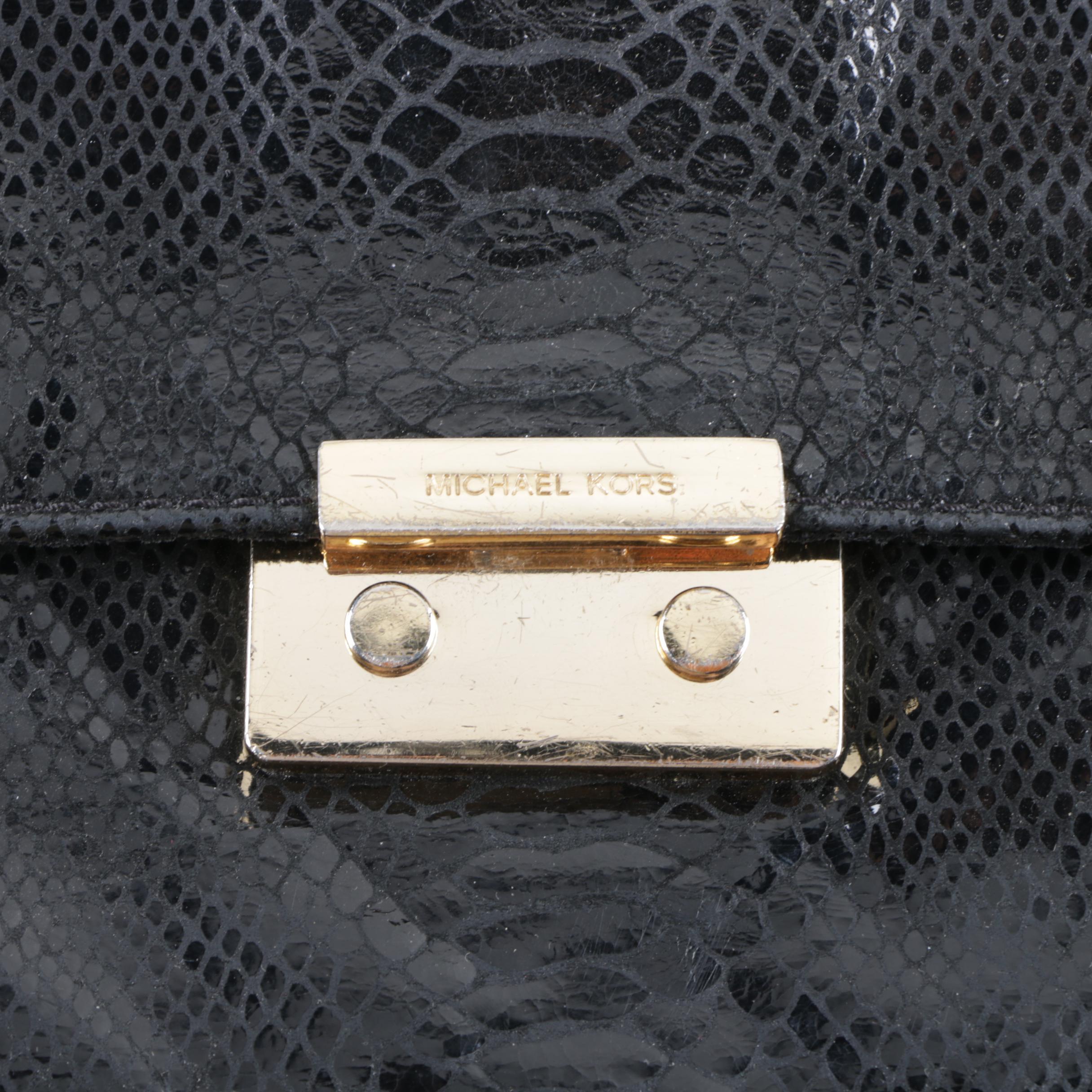 Michael Kors Snakeskin Embossed Black Leather Clutch