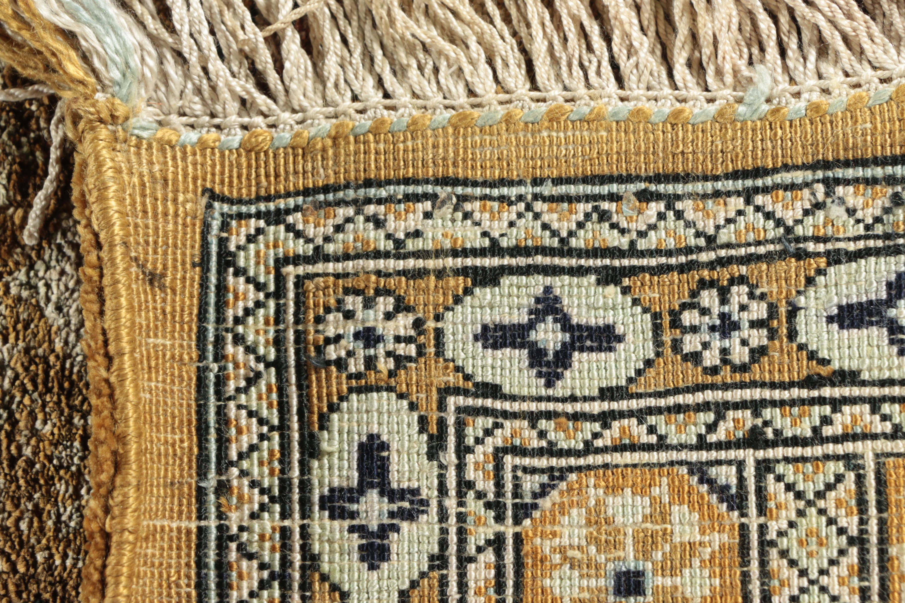 Hand-Knotted Persian or Turkish Kufic Inscribed Wool and Silk Area Rug