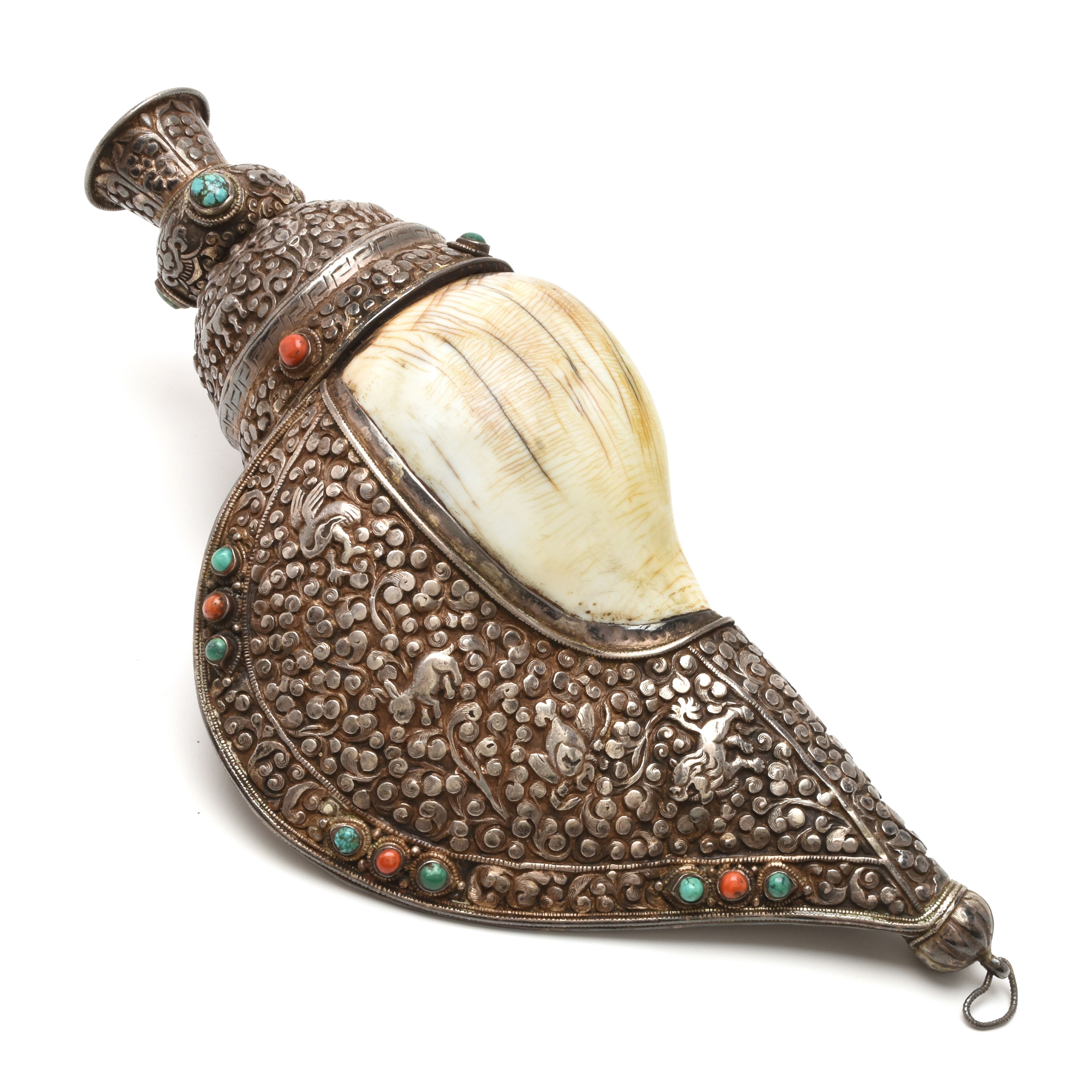 19th Century Tibetan Sterling Silver Clad Ritual Conch Shell