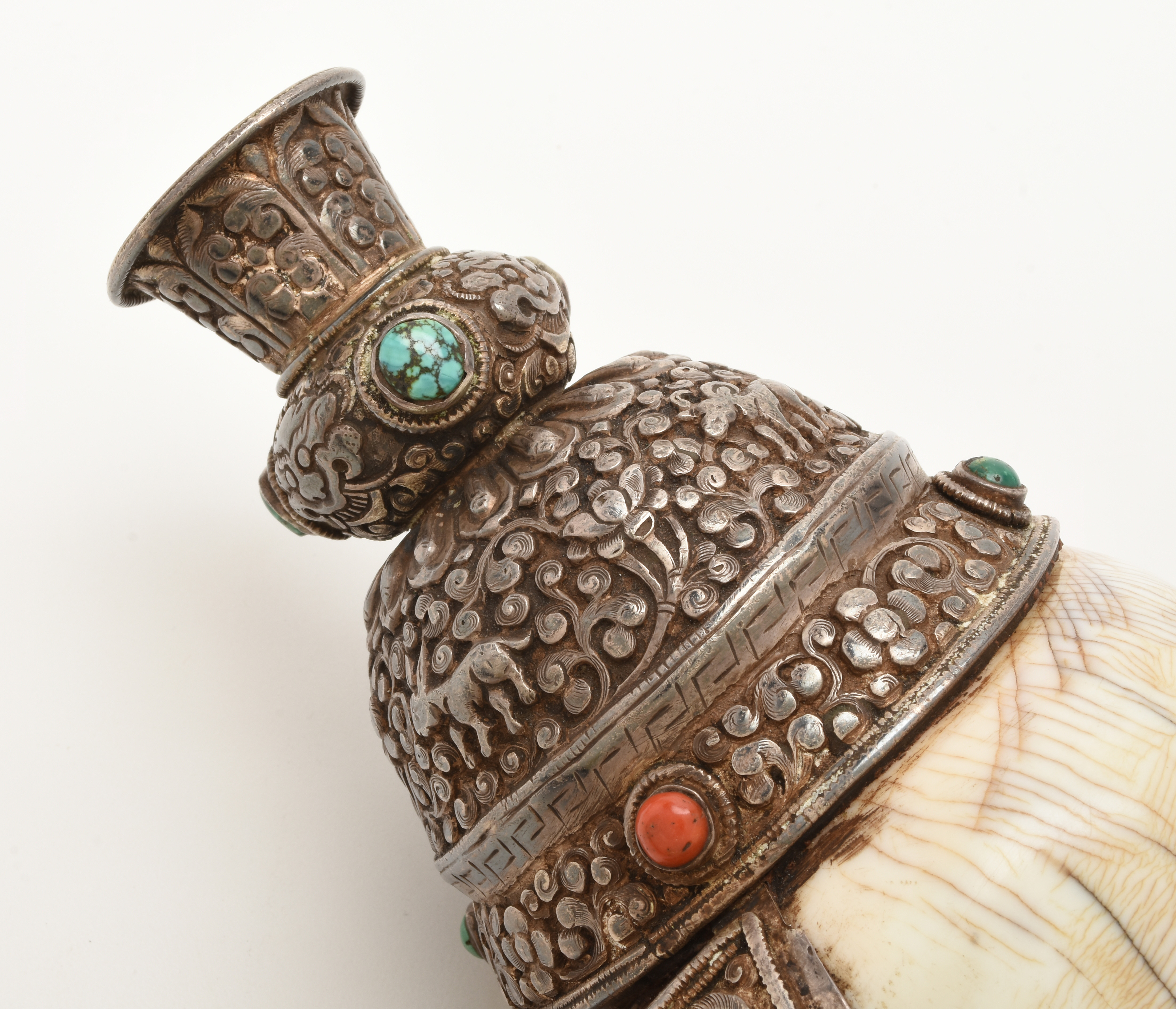 19th Century Tibetan Sterling Silver Clad Ritual Conch Shell