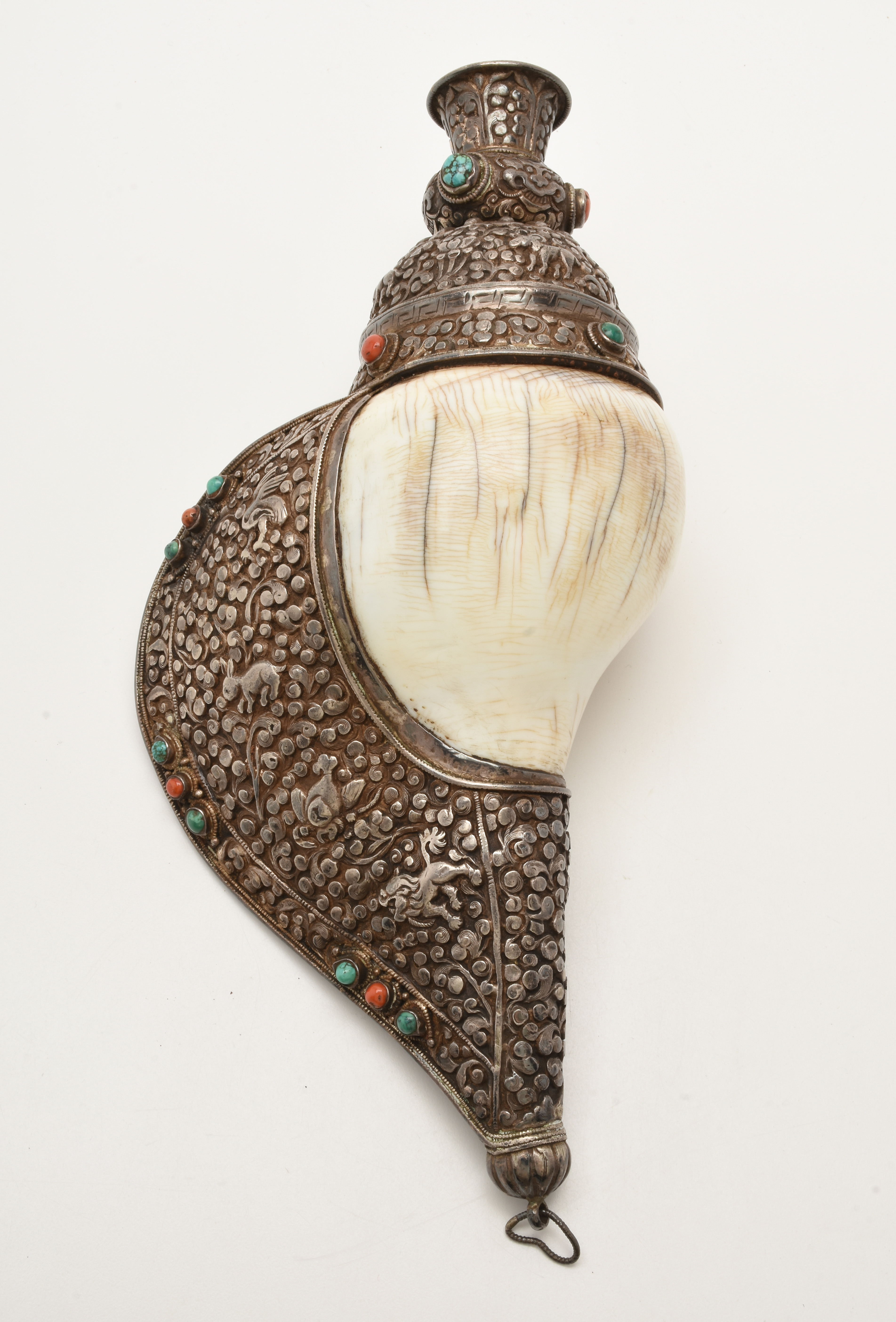 19th Century Tibetan Sterling Silver Clad Ritual Conch Shell