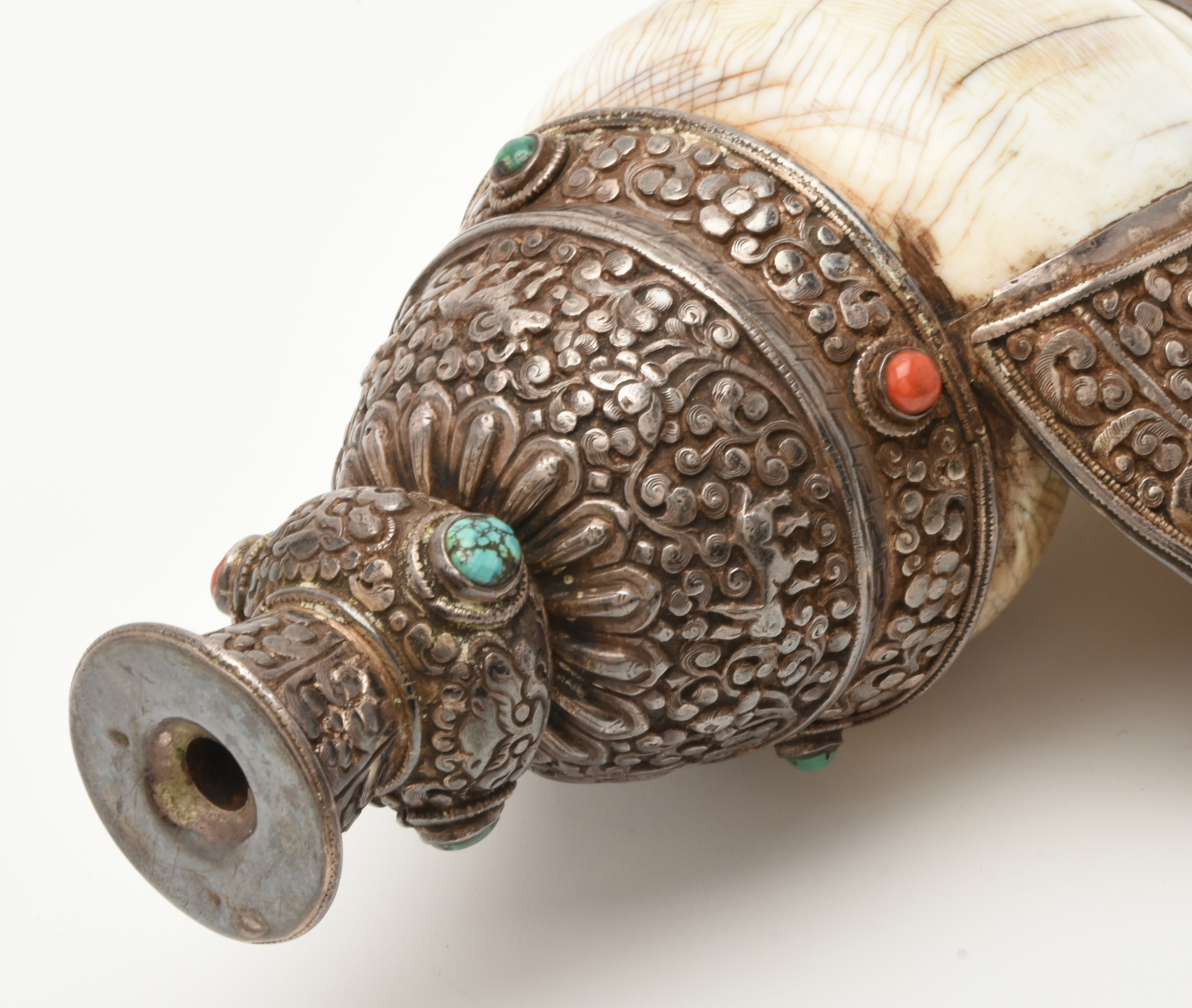 19th Century Tibetan Sterling Silver Clad Ritual Conch Shell