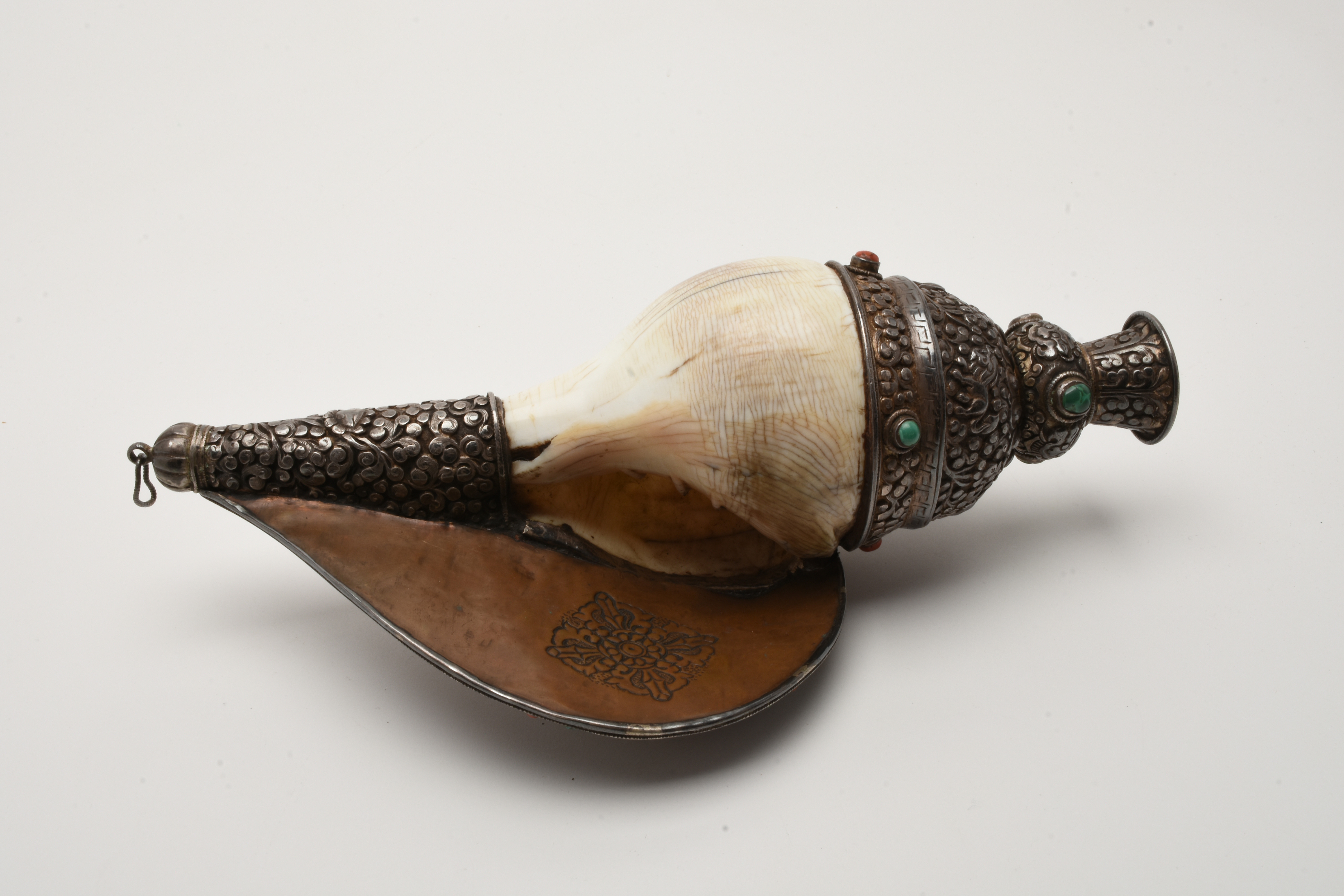 19th Century Tibetan Sterling Silver Clad Ritual Conch Shell