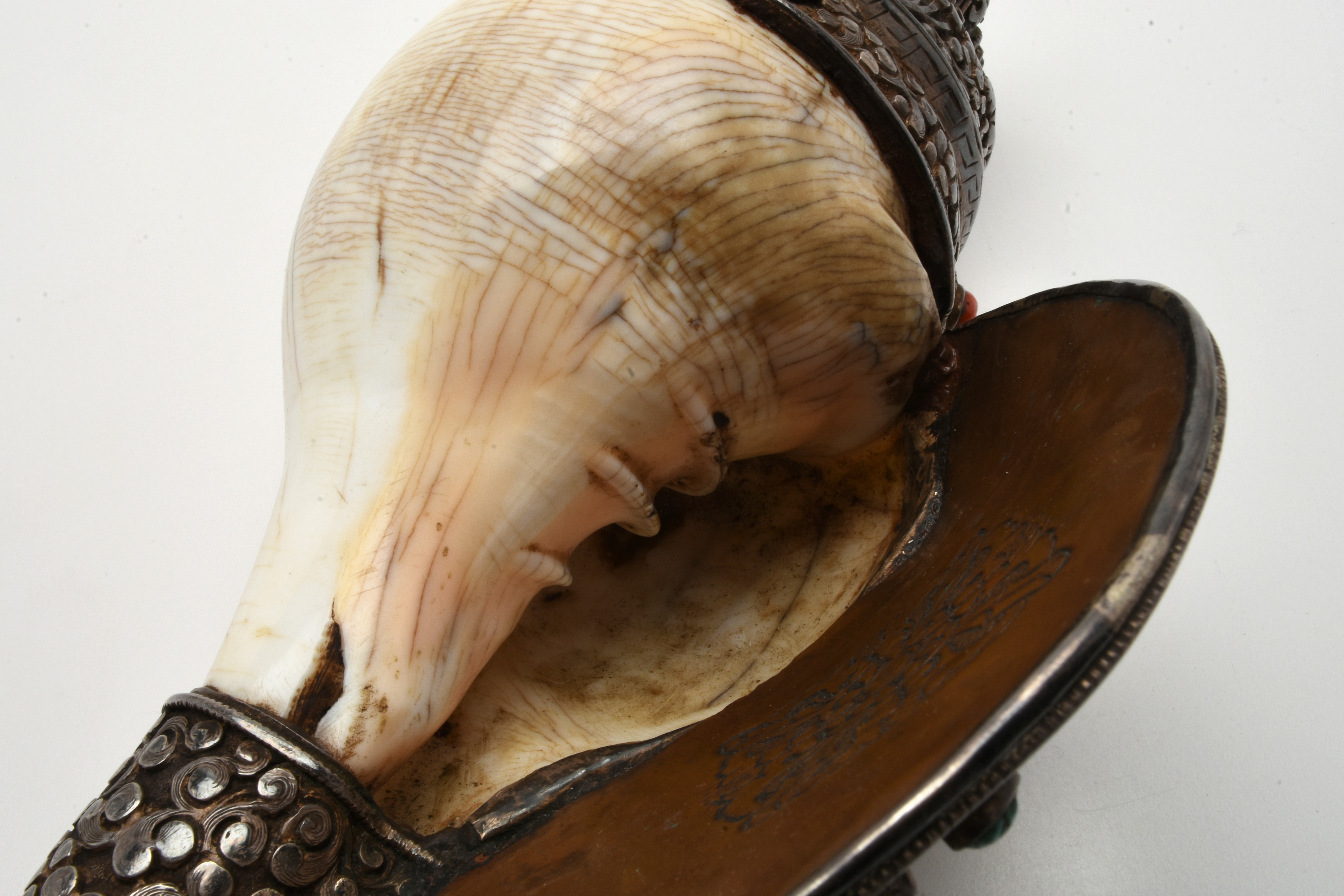 19th Century Tibetan Sterling Silver Clad Ritual Conch Shell