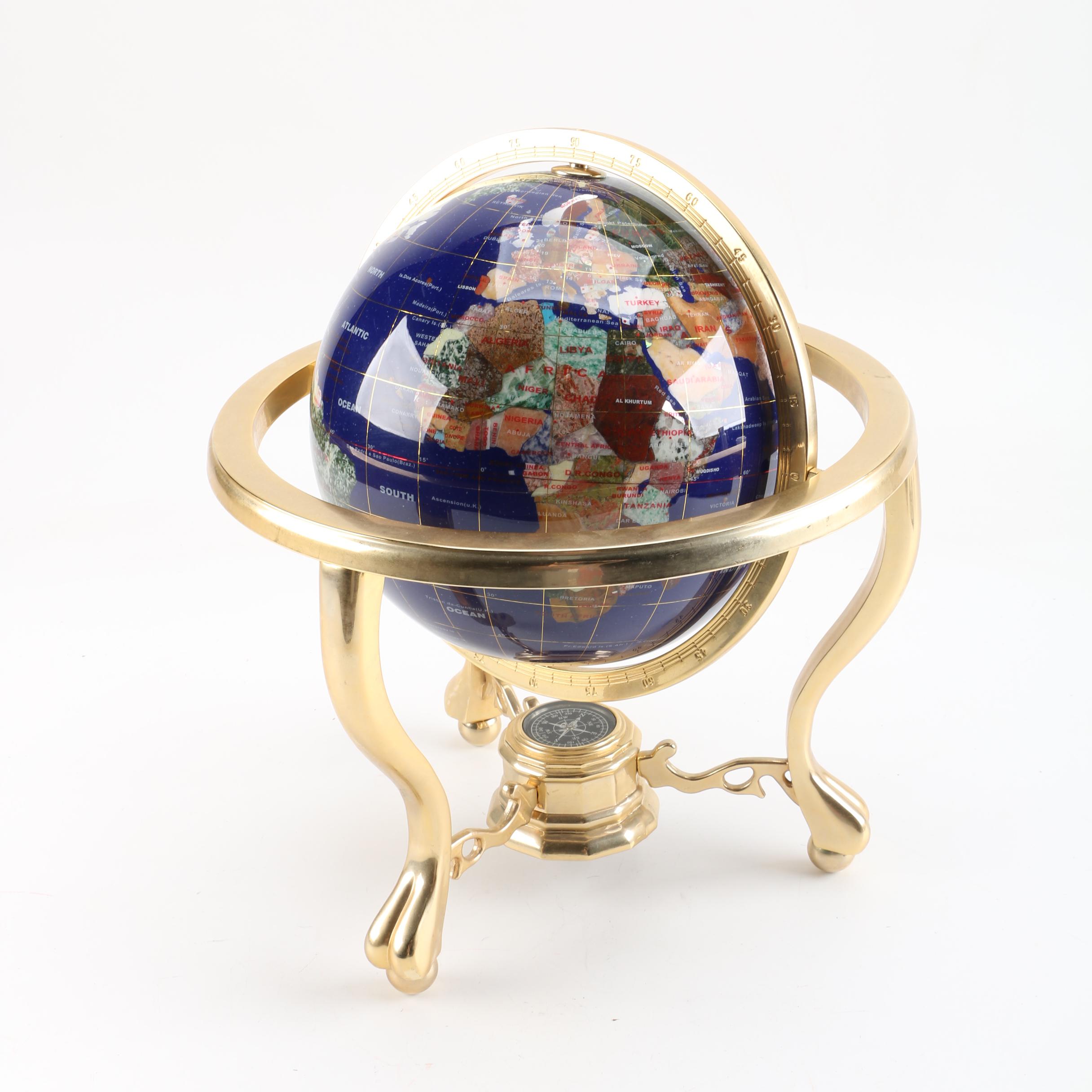 Gemstone Tabletop World Globe with Compass and Brass Stand