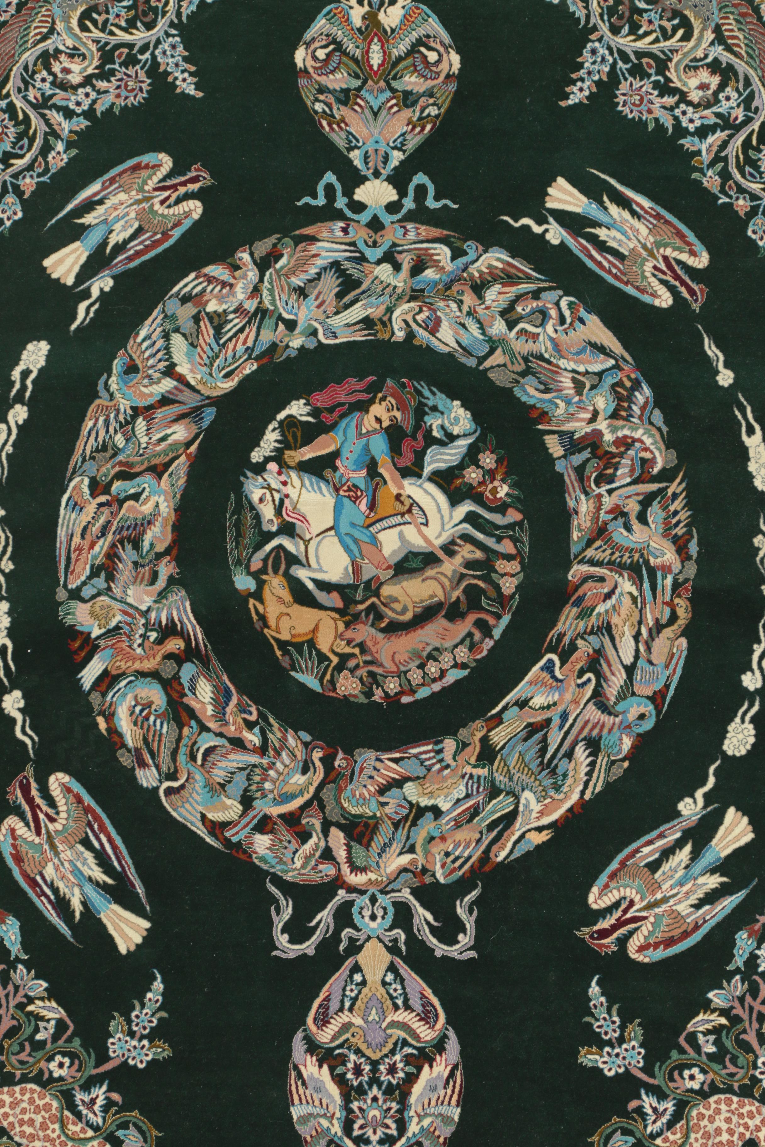 Exceptional Hand-Knotted Persian Isfahan Silk and Wool Hunting Rug