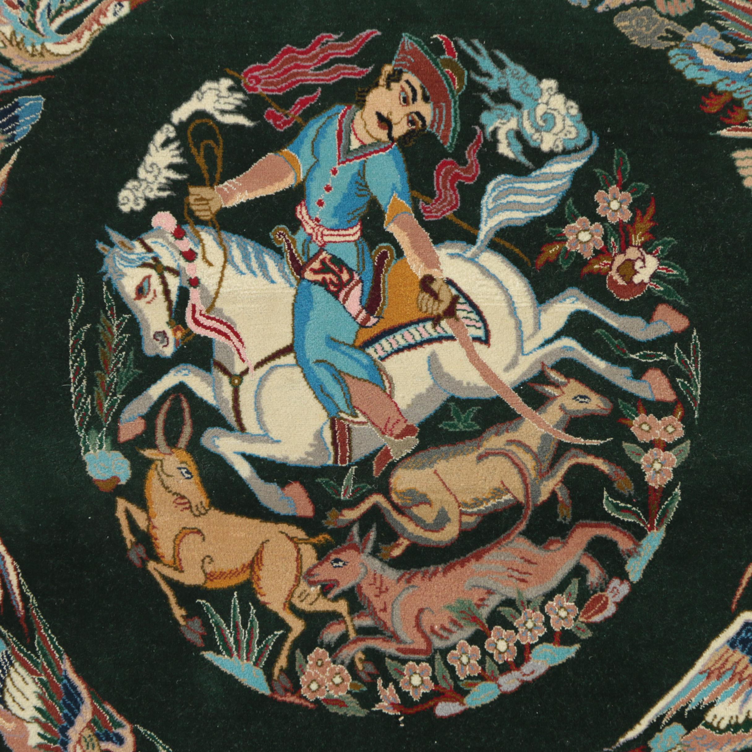 Exceptional Hand-Knotted Persian Isfahan Silk and Wool Hunting Rug