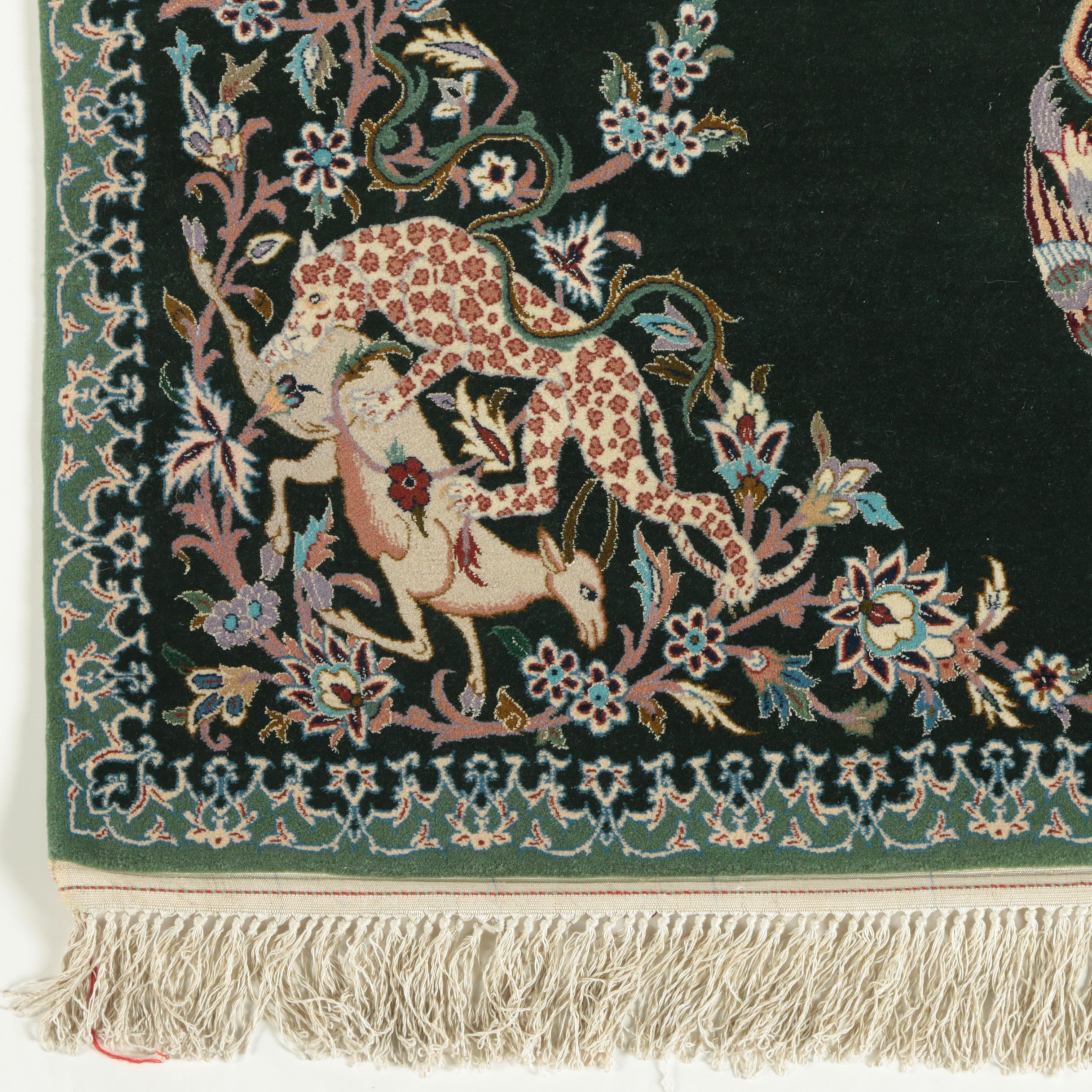 Exceptional Hand-Knotted Persian Isfahan Silk and Wool Hunting Rug