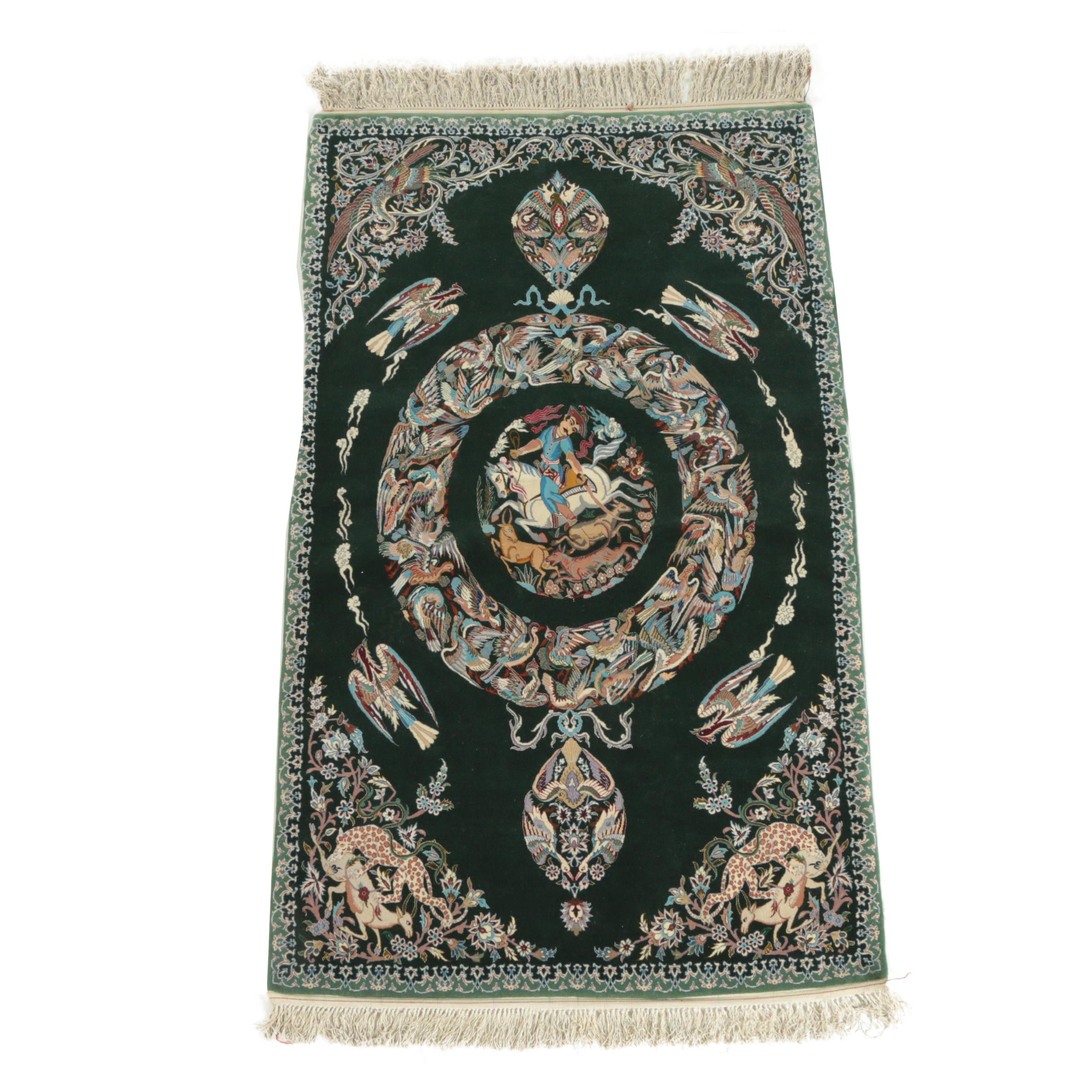 Exceptional Hand-Knotted Persian Isfahan Silk and Wool Hunting Rug