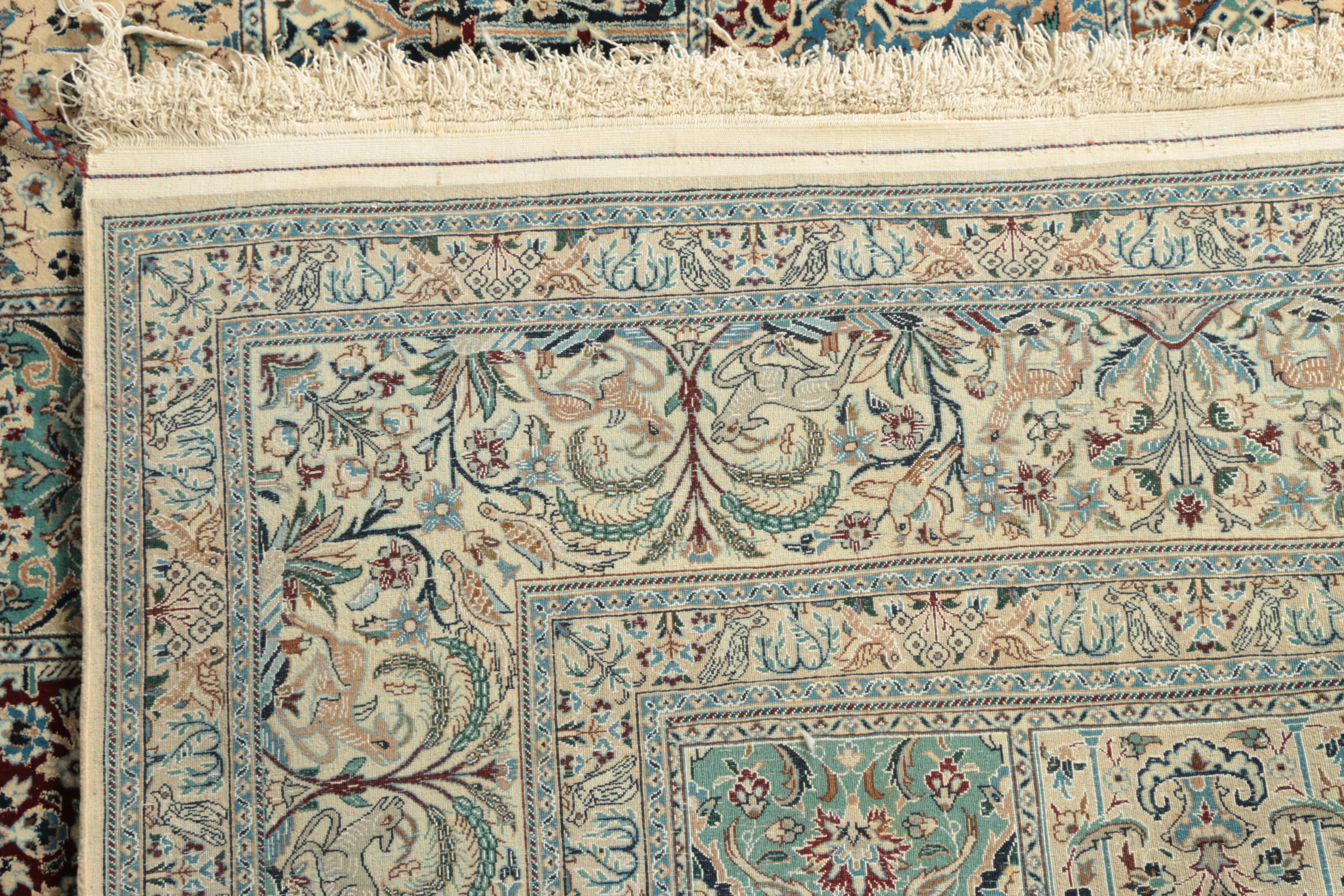 Hand-Knotted Inscribed Persian Qum Garden Panel Wool and Silk Area Rug