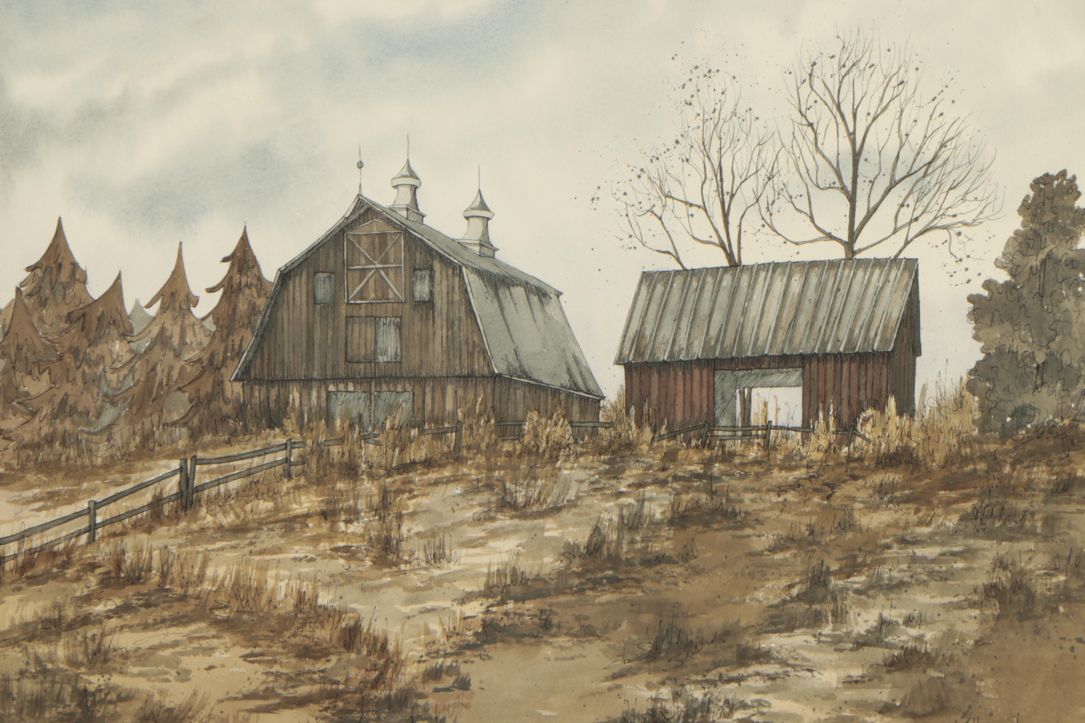 Ellen Jones Ink and Watercolor Painting "Old Burke Barns"