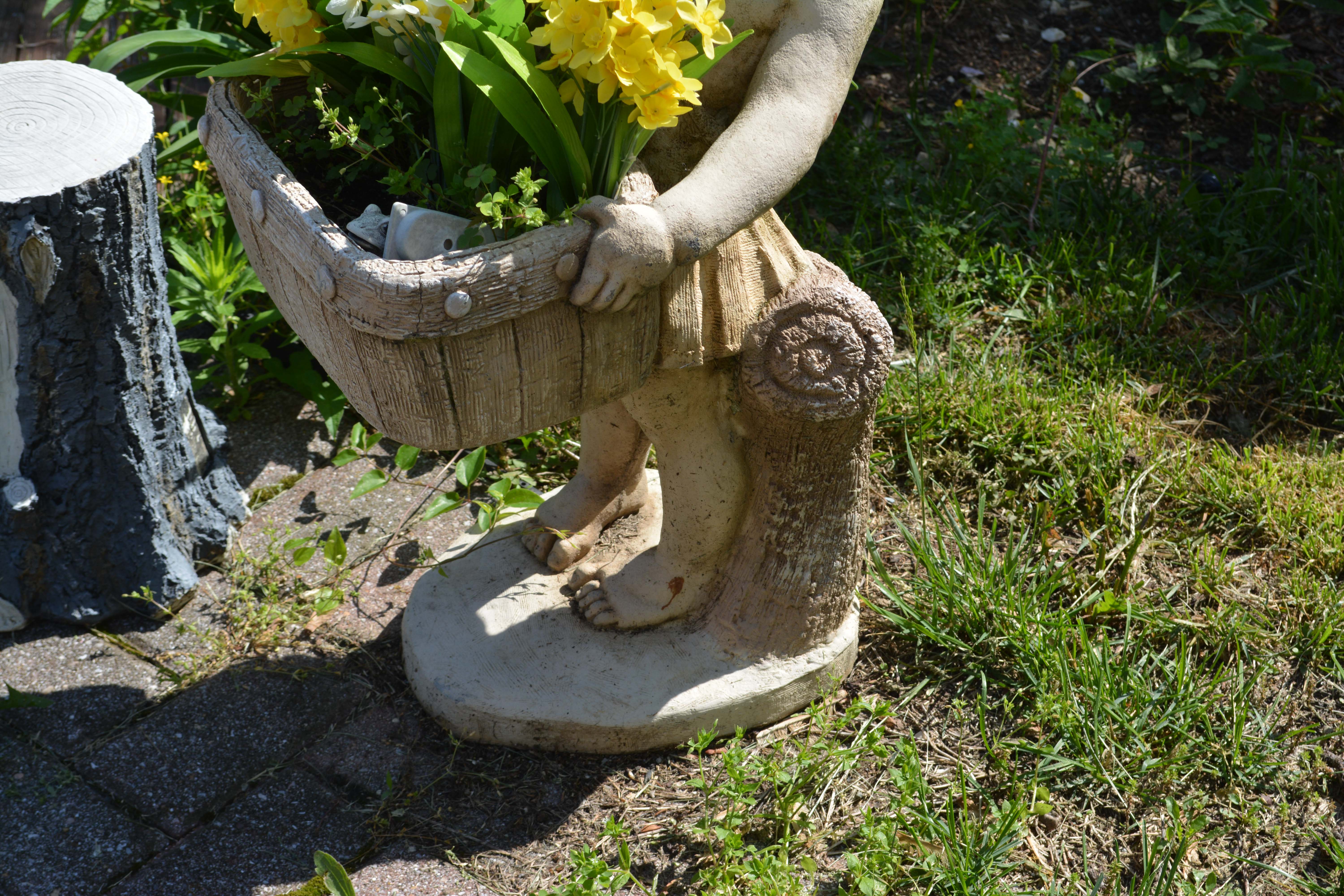 Concrete Outdoor Girl Sculpture With Basket Planter