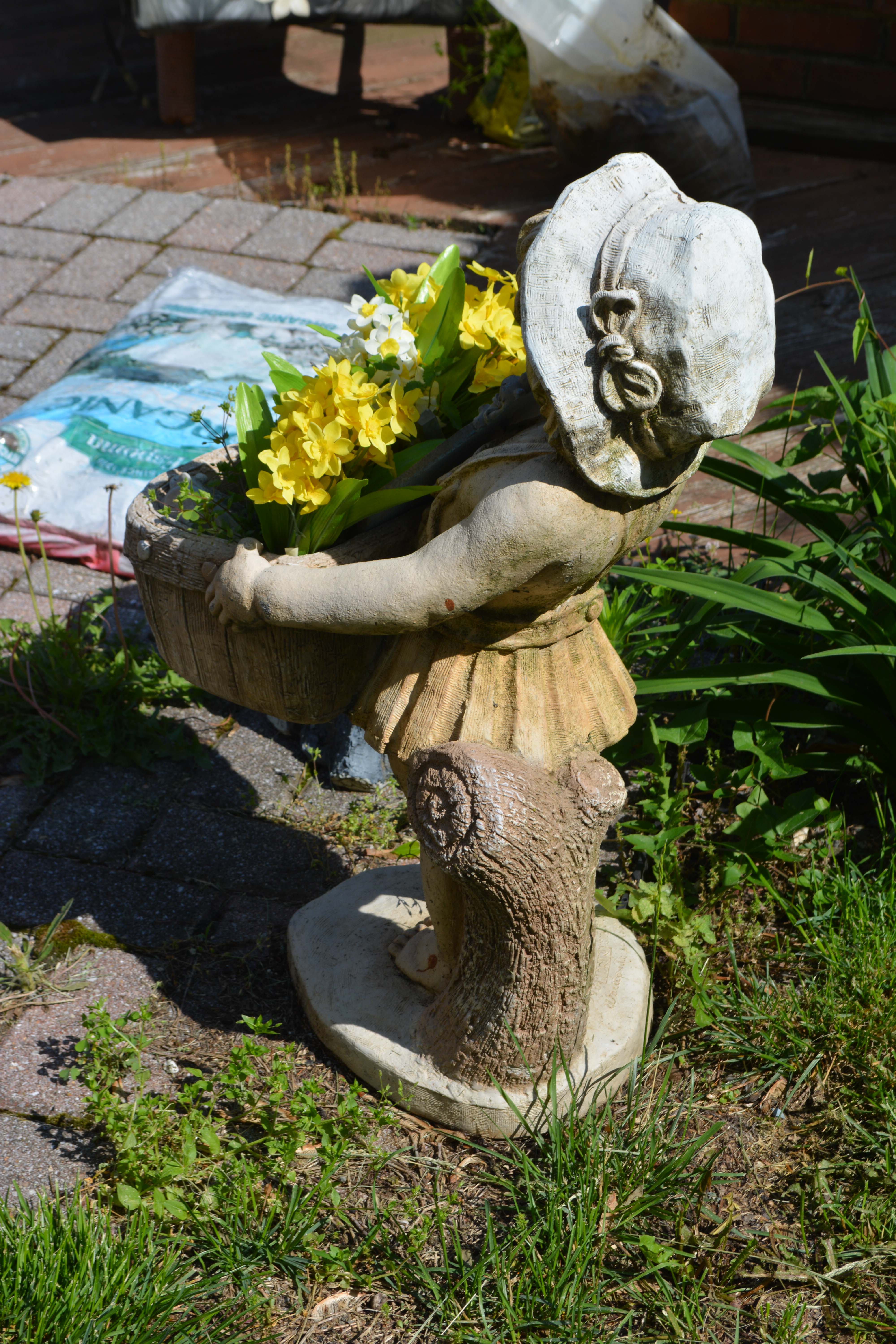 Concrete Outdoor Girl Sculpture With Basket Planter