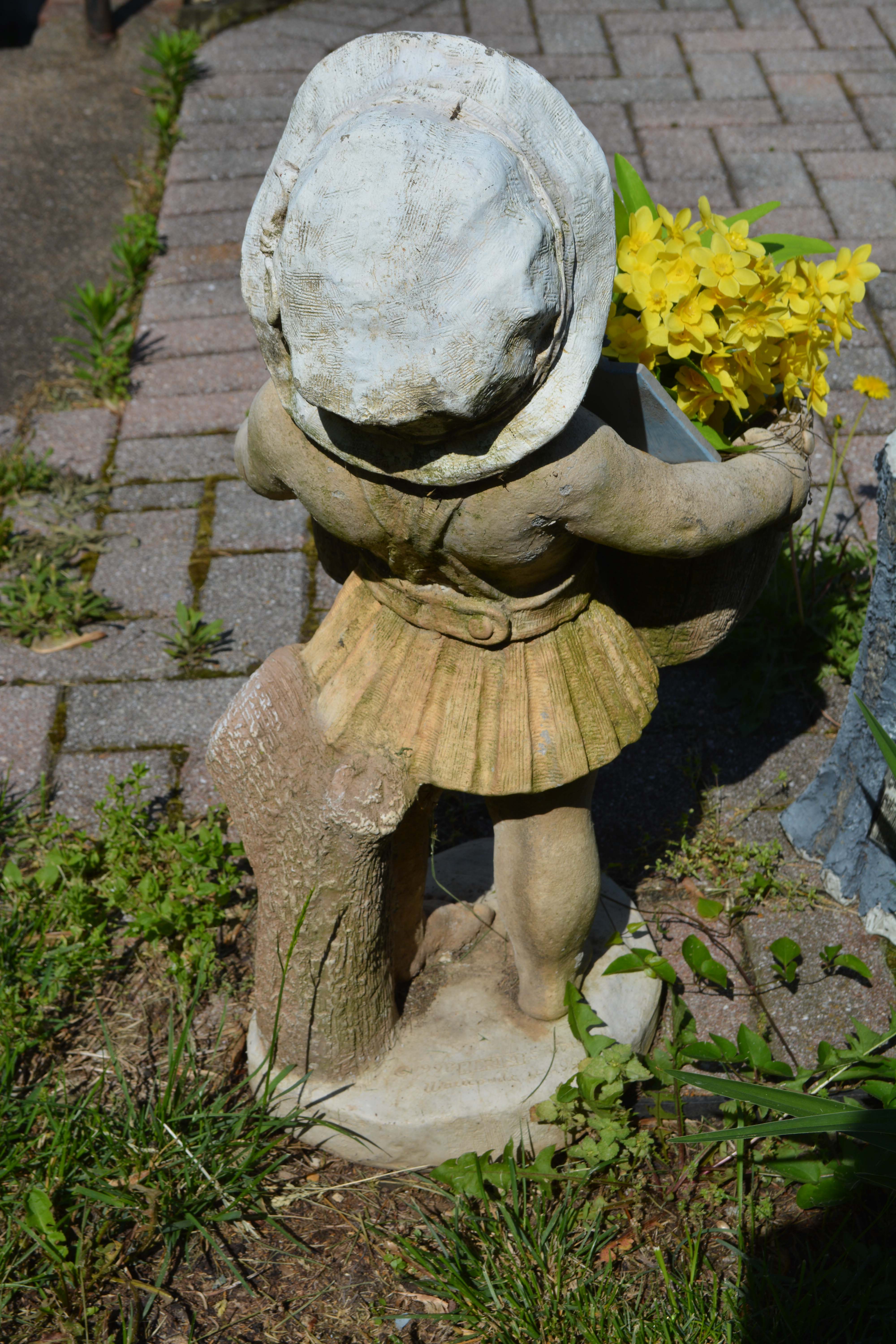 Concrete Outdoor Girl Sculpture With Basket Planter
