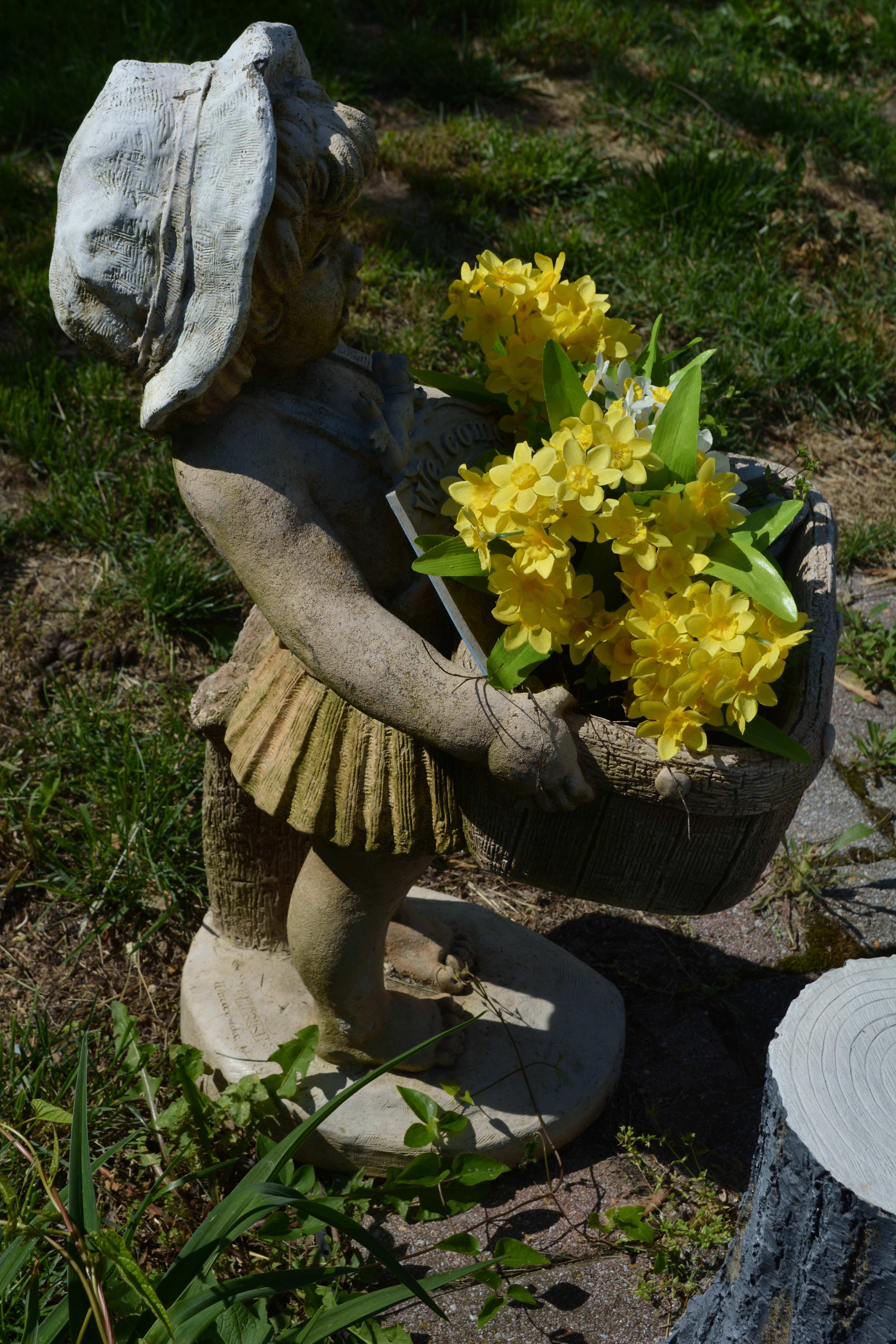 Concrete Outdoor Girl Sculpture With Basket Planter