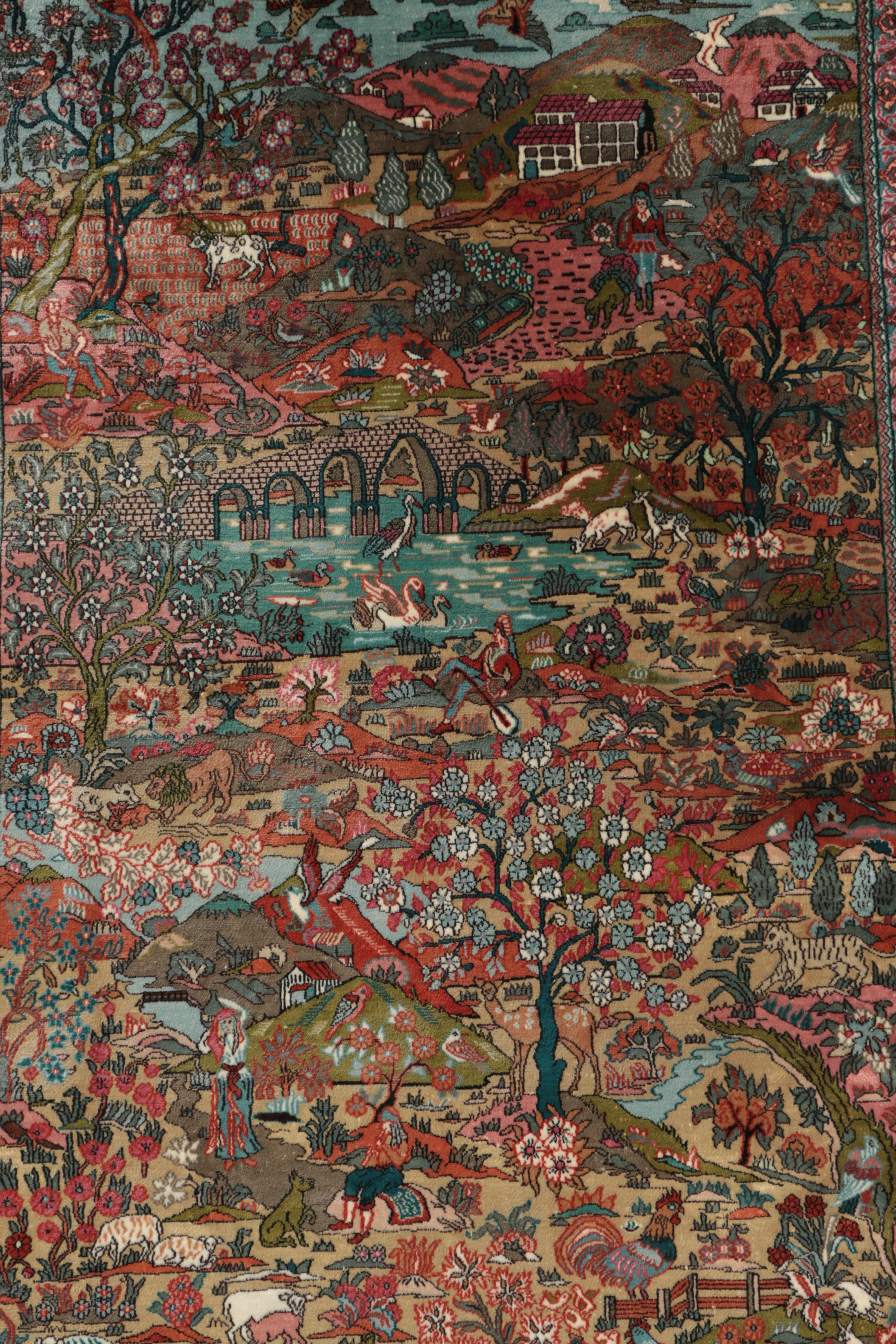 Finely Hand-Knotted Sino-Persian Silk Pictorial Garden Rug