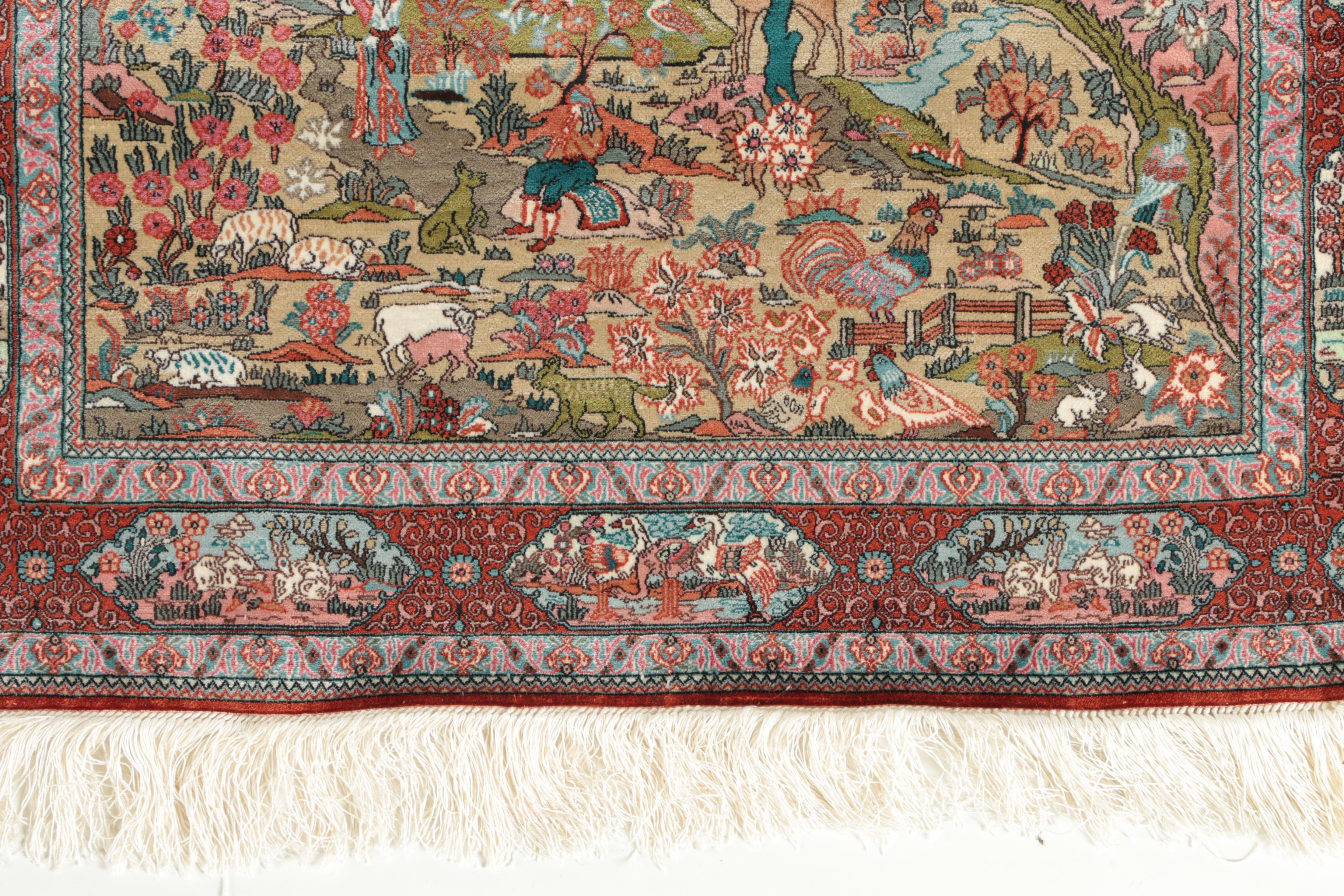 Finely Hand-Knotted Sino-Persian Silk Pictorial Garden Rug