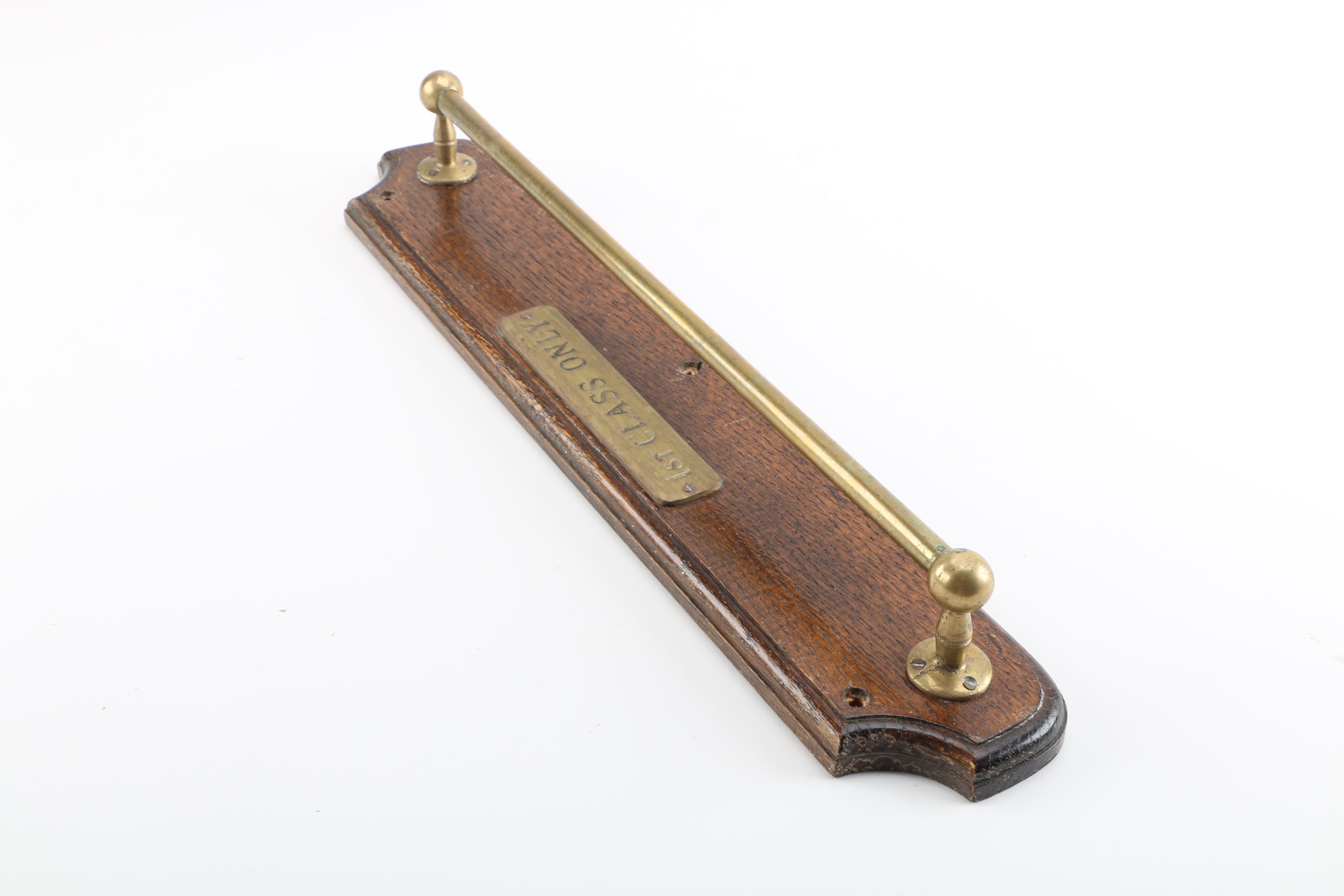 "1st Class Only" Wood and Brass Towel Rack