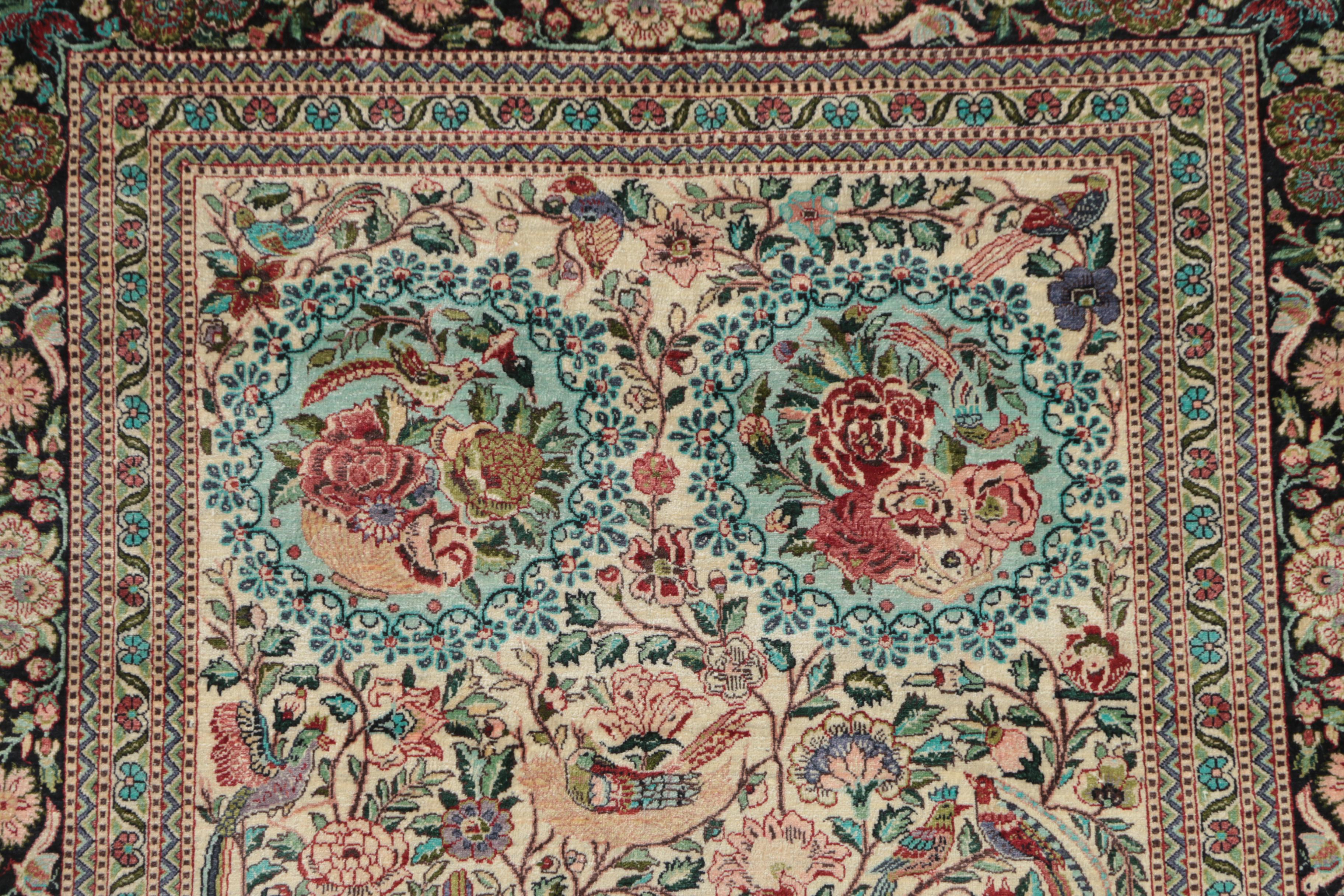 Finely Hand-Knotted Turkish Hereke Silk Garden Accent Rug
