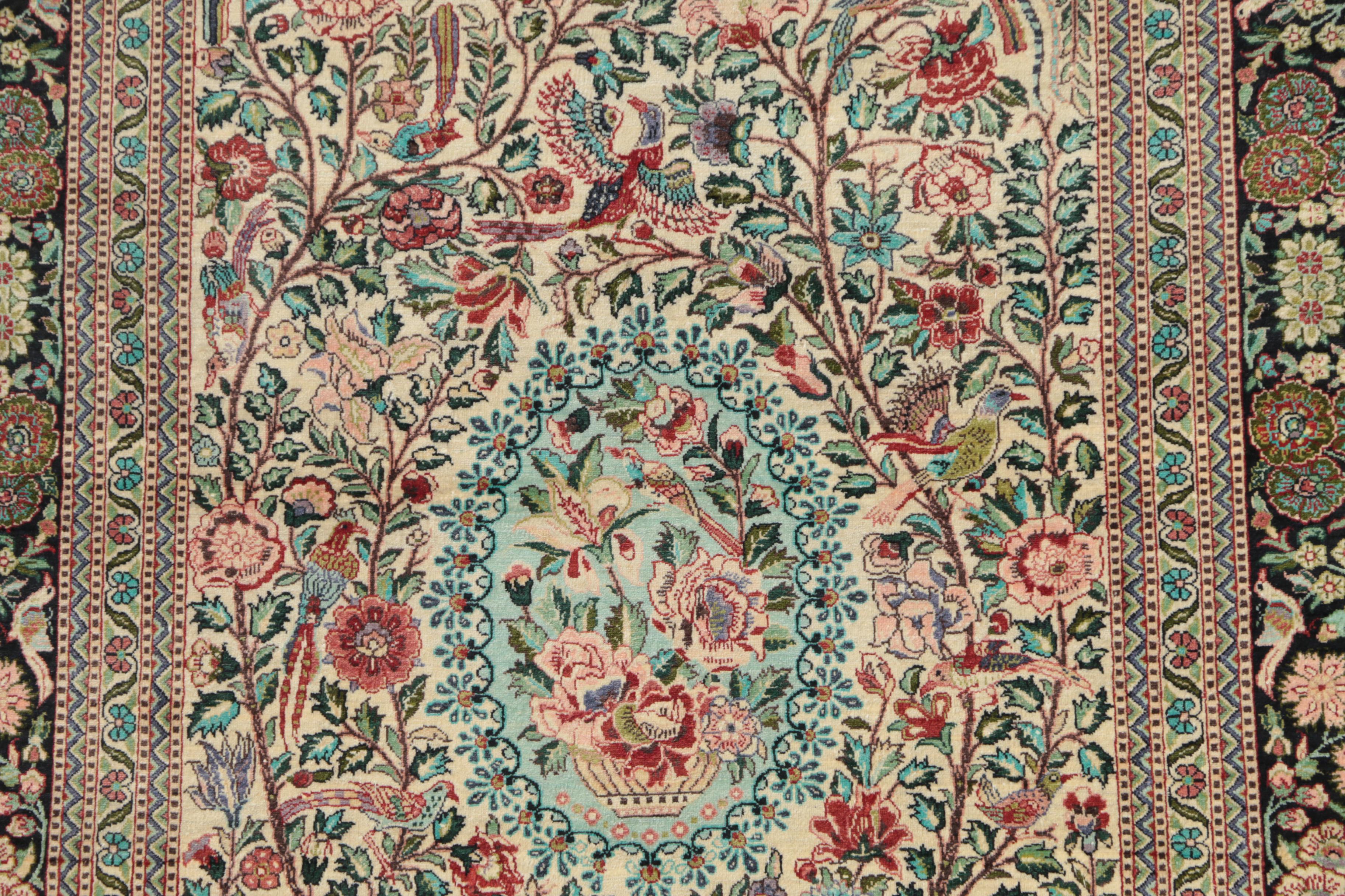 Finely Hand-Knotted Turkish Hereke Silk Garden Accent Rug