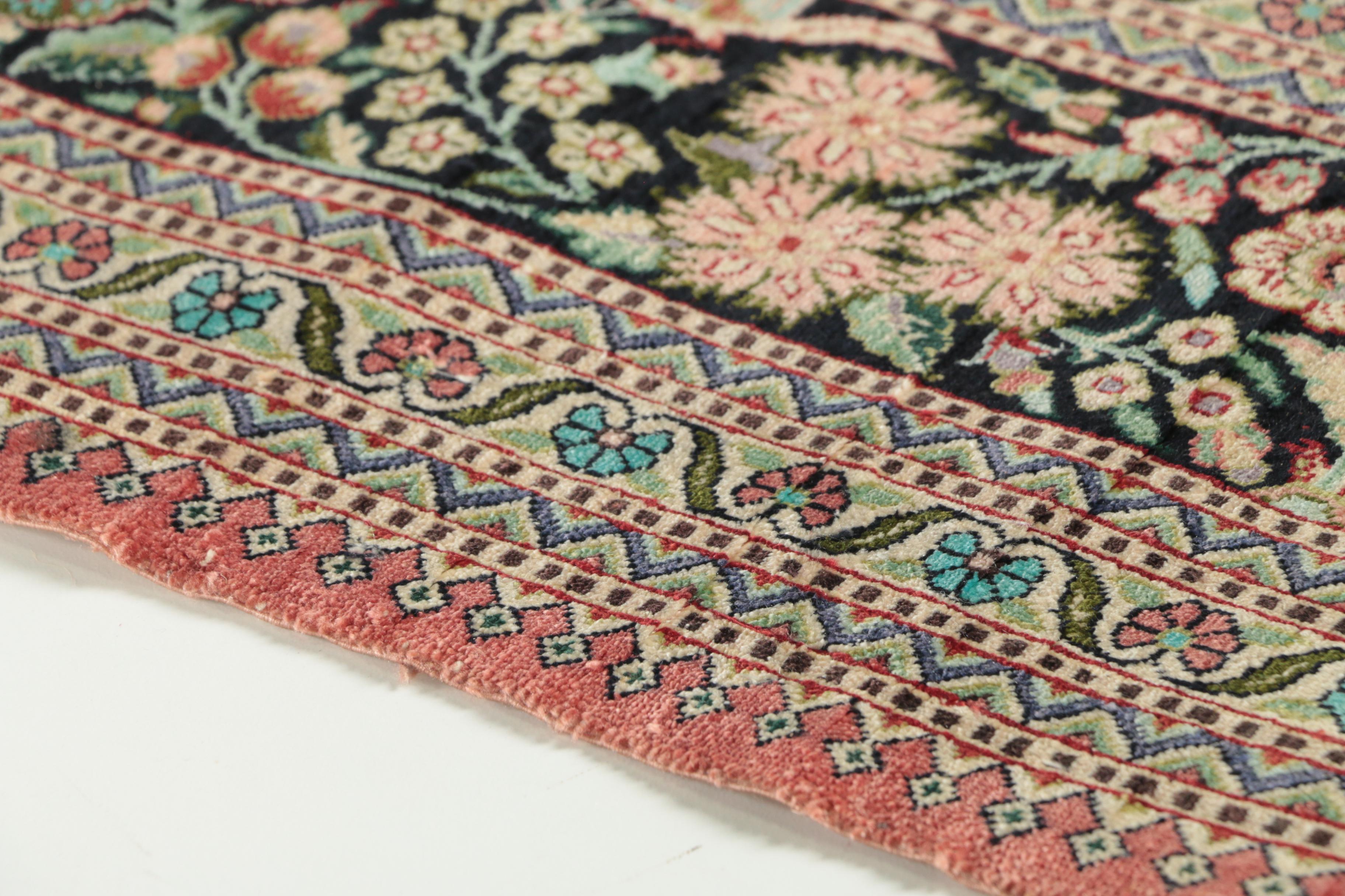 Finely Hand-Knotted Turkish Hereke Silk Garden Accent Rug